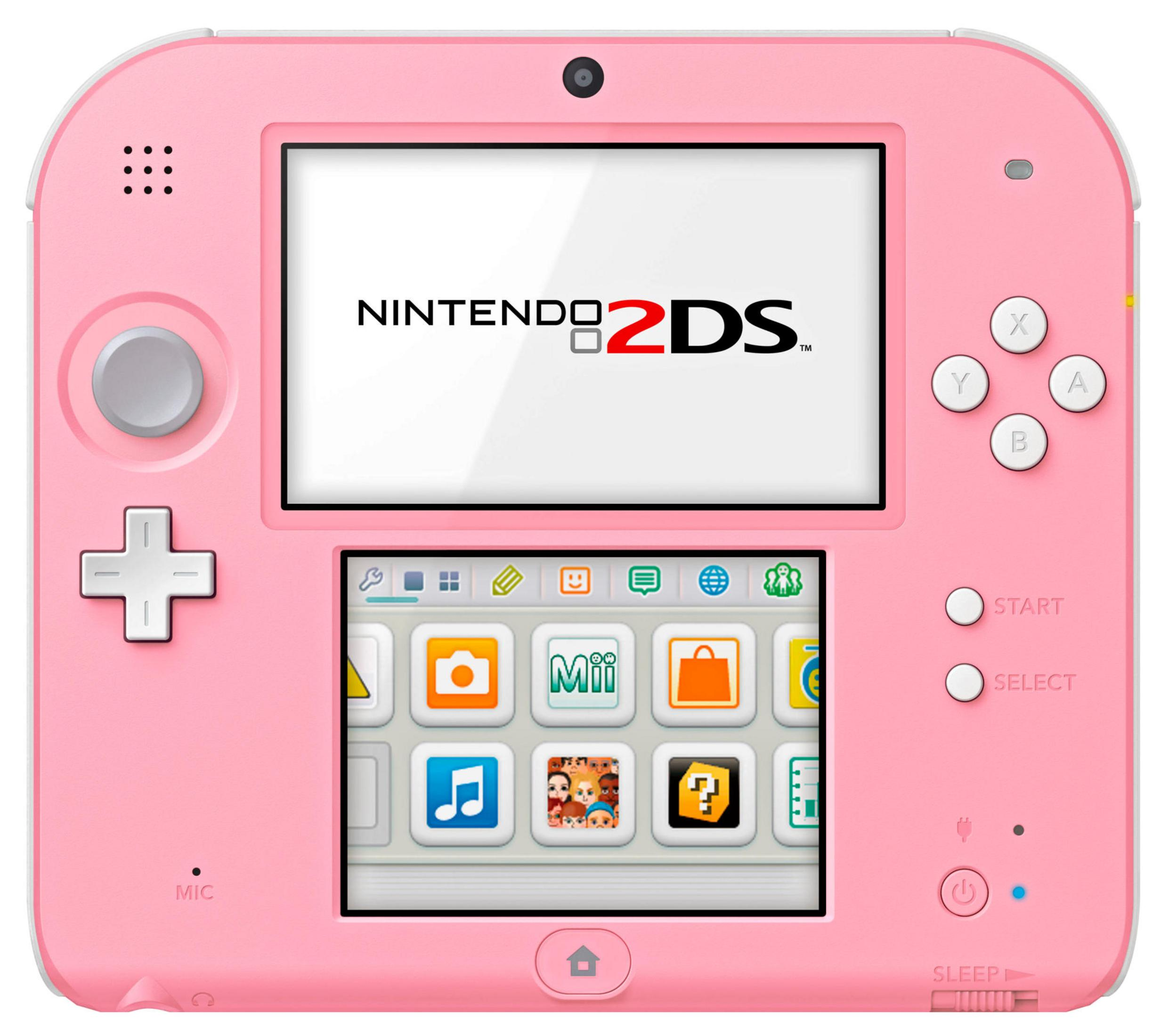 Ein rosafarbener Nintendo 2DS mit "NINTENDO 2DS" auf dem oberen Bildschirm.