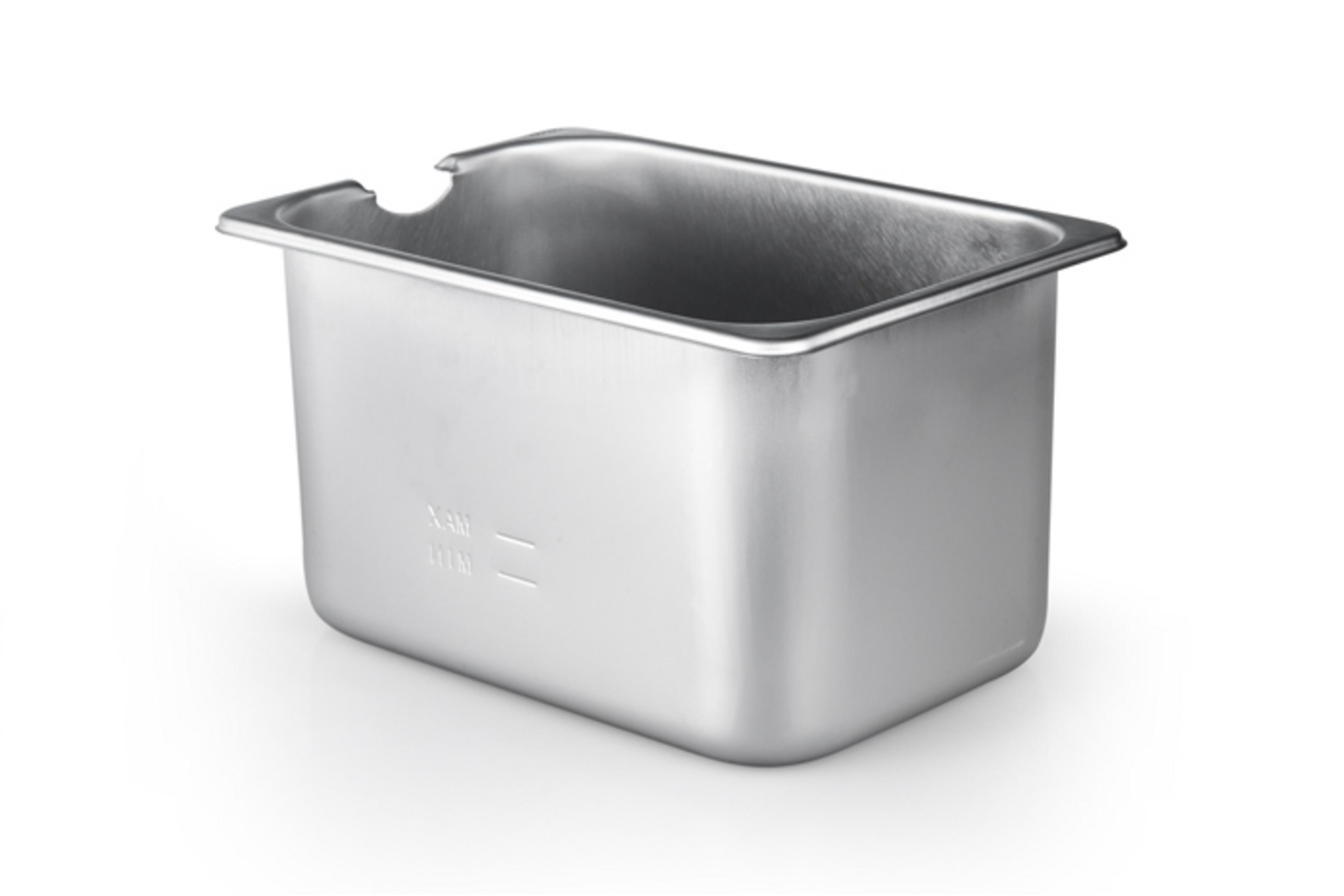 A shiny, rectangular stainless steel tray with grip notches.