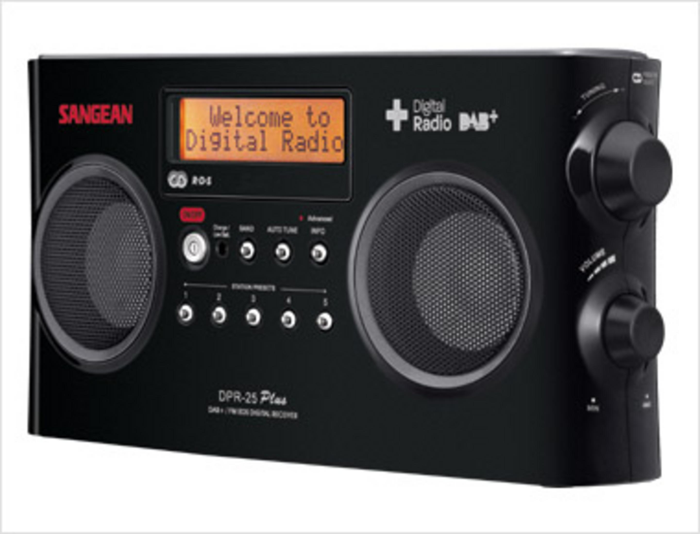 Una radio Sangean DAB+ nera con due altoparlanti e uno schermo.