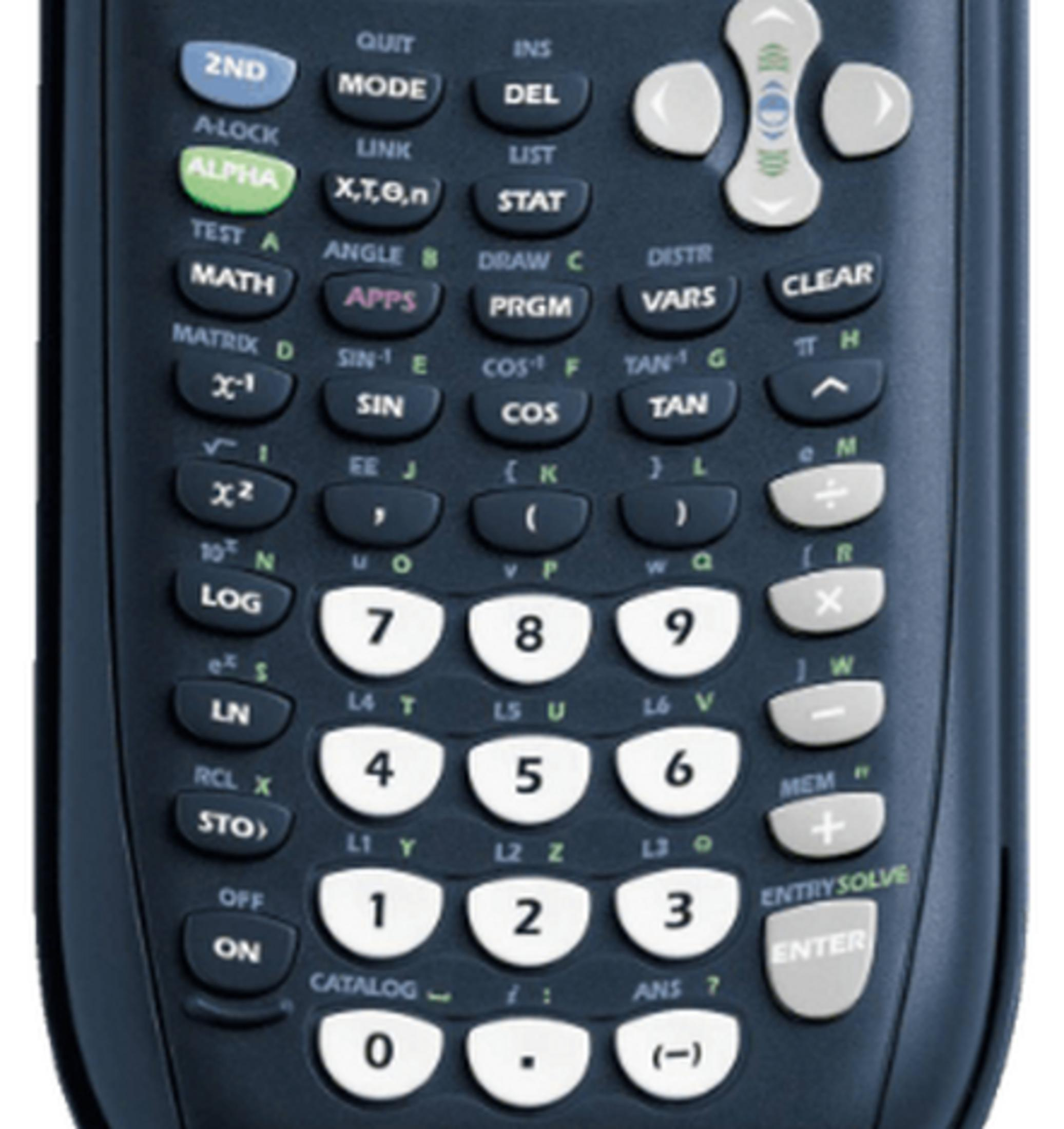 Nahaufnahme einer dunkelblauen wissenschaftlichen Taschenrechner-Tastatur mit weißen und grauen Tasten.