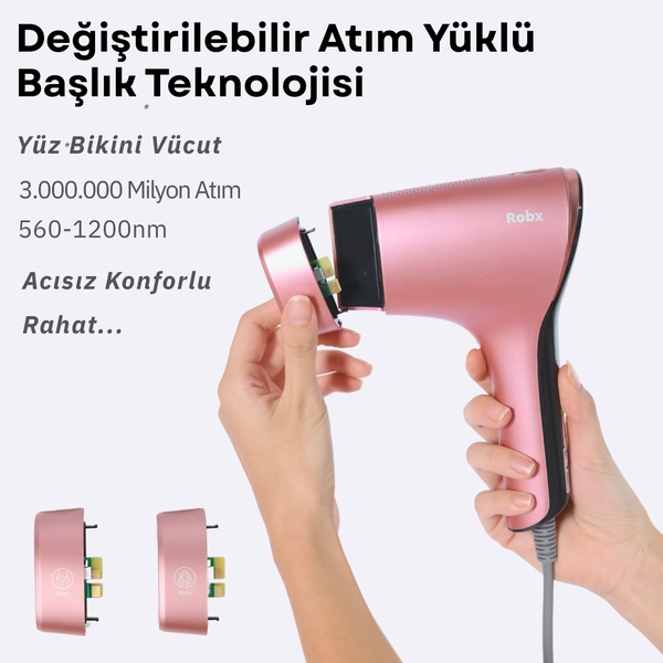 Bir el pembe saç kurutma makinesi tutuyor, diğeri başlığı çıkarıyor. Metin özellikleri detaylandırıyor.