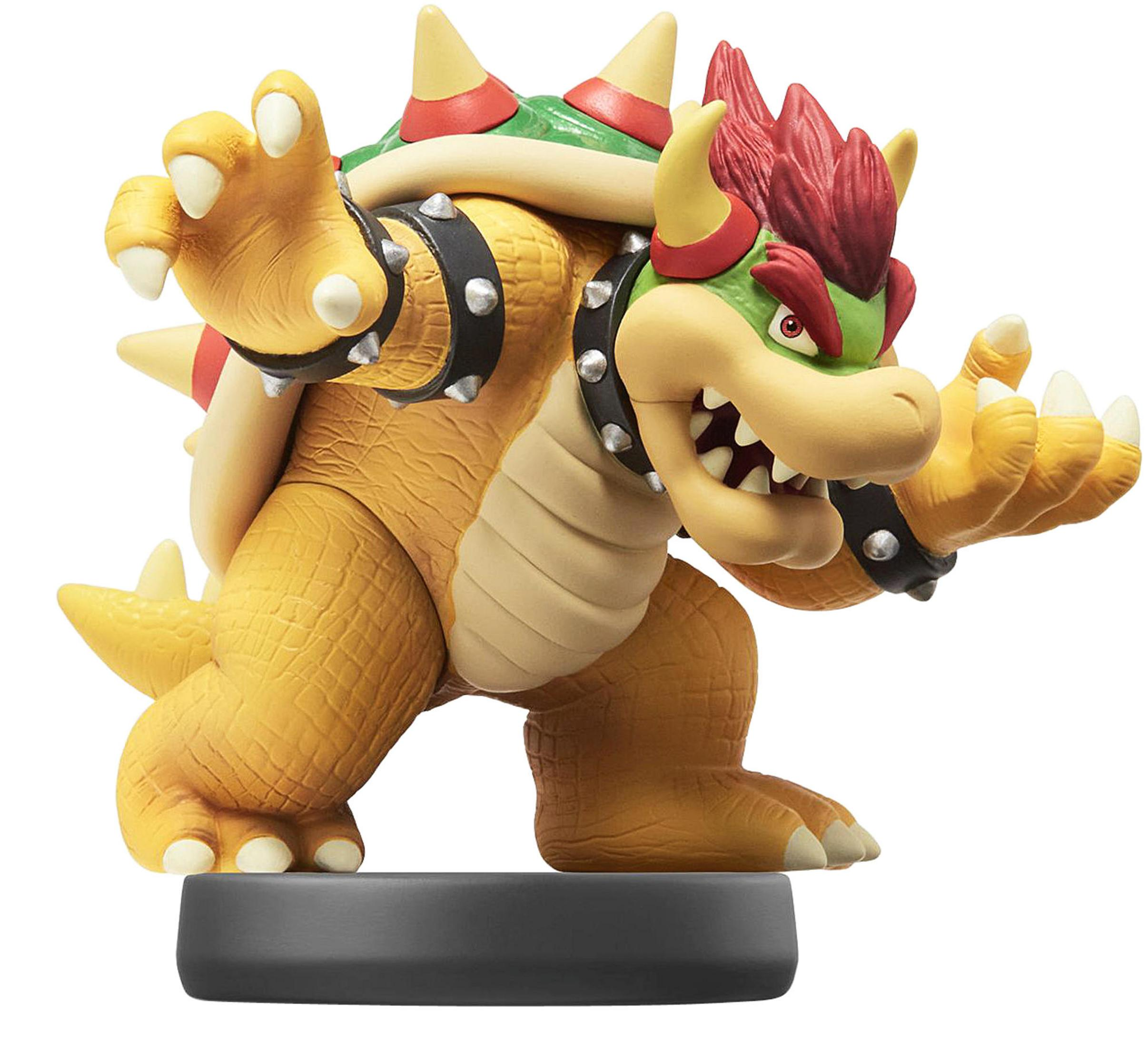 Une figurine jaune de Bowser avec des cheveux rouges, une carapace verte et un collier clouté noir.