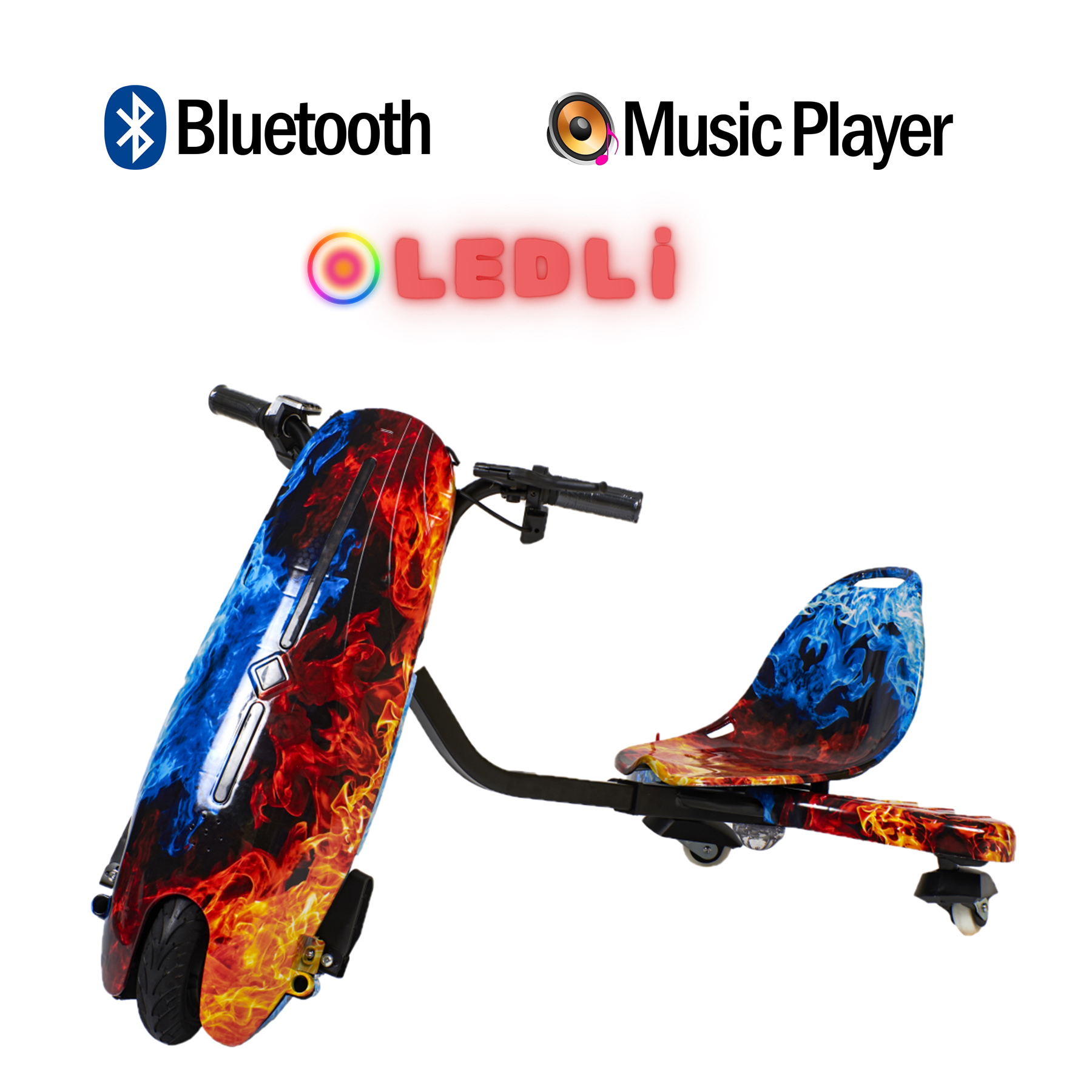 Kırmızı, mavi ve sarı alev desenli üç tekerlekli scooter. Bluetooth ve Müzik Çalar.