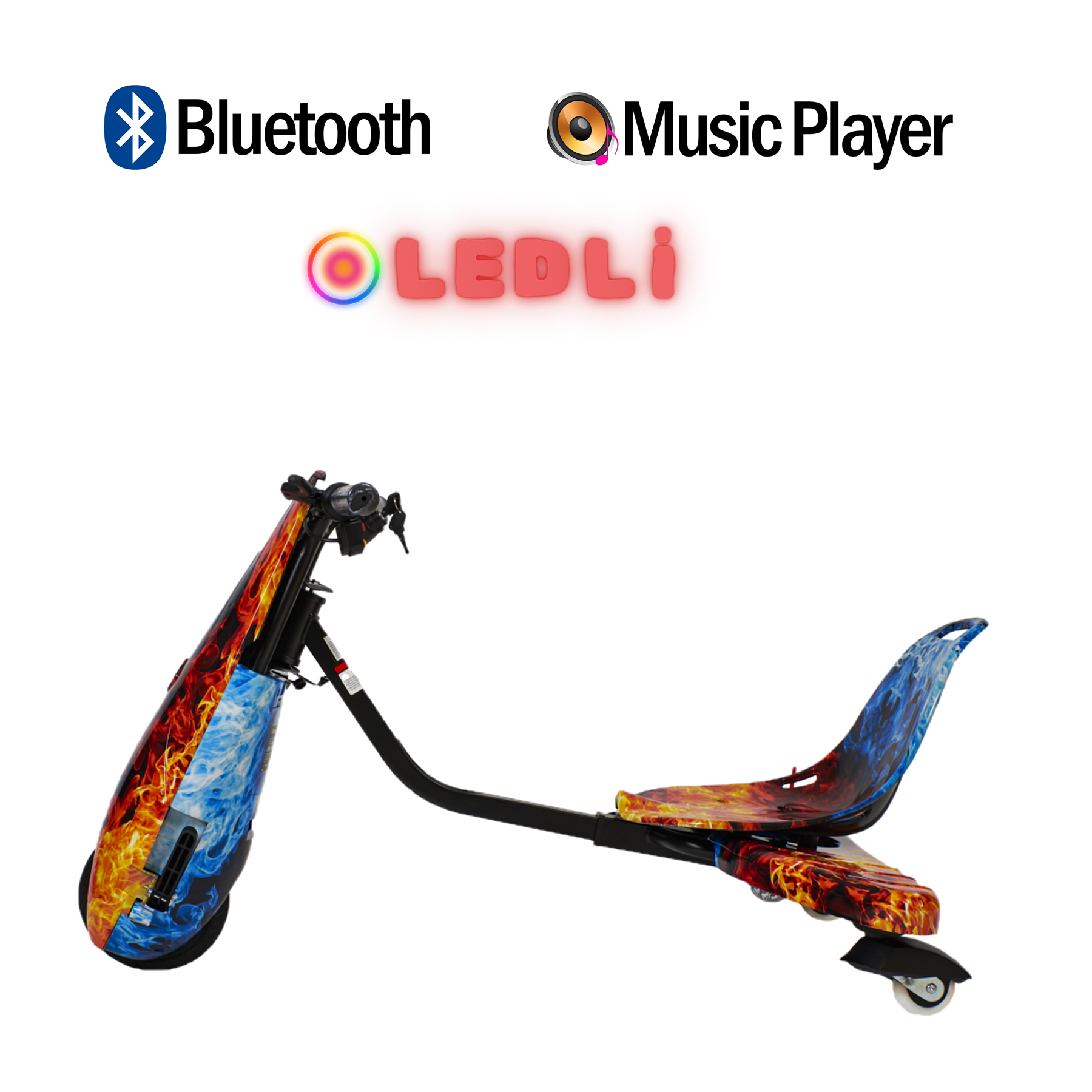 Alev ve buz tasarımlı, Bluetooth ve müzik çalarlı üç tekerlekli drift scooter.