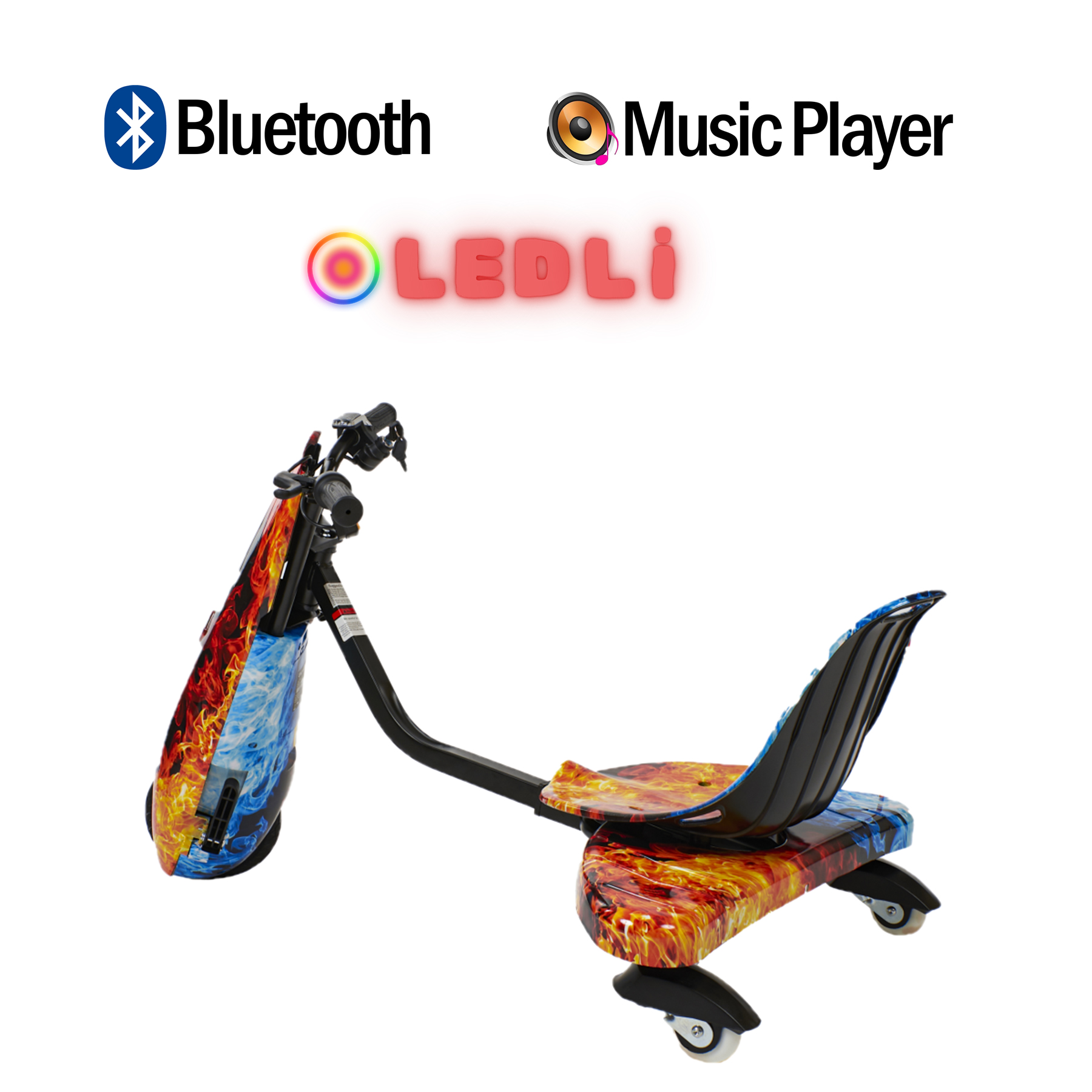 Alev grafikalı ve Bluetooth & Müzik Çalar simgeli üç tekerlekli scooter.