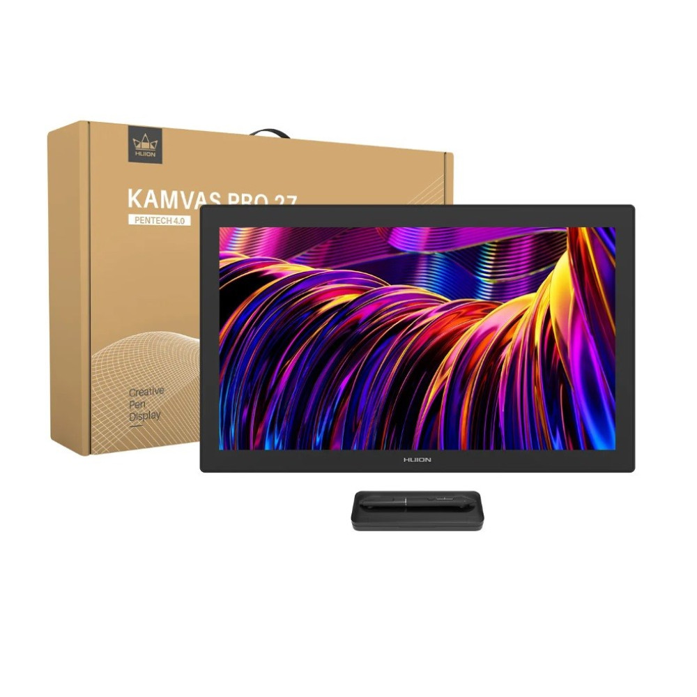 Display penna Huion Kamvas Pro 27 e scatola con arte astratta colorata sullo schermo.