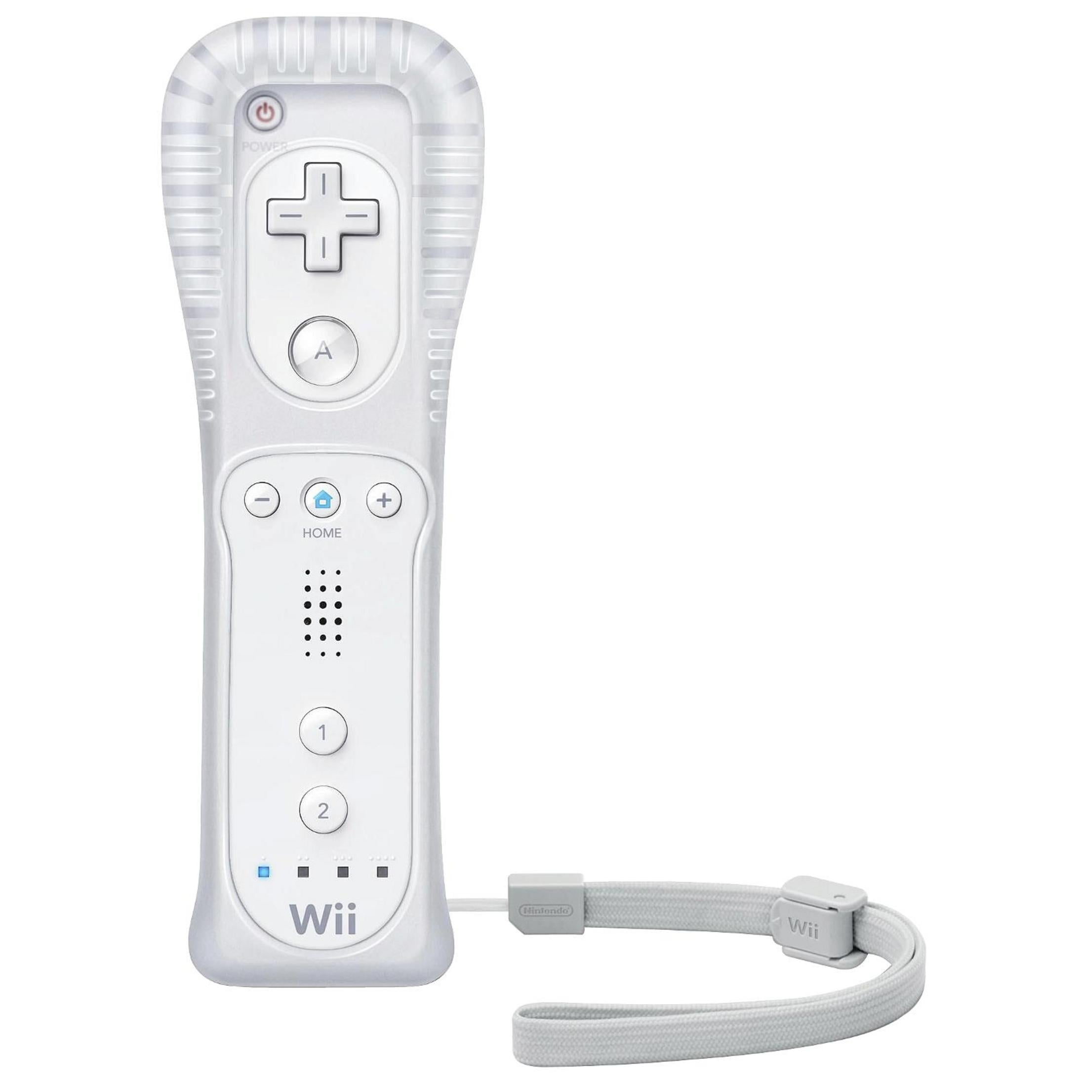 Ein weißer Wii-Controller mit Handgelenksschlaufe, isoliert auf weißem Hintergrund.