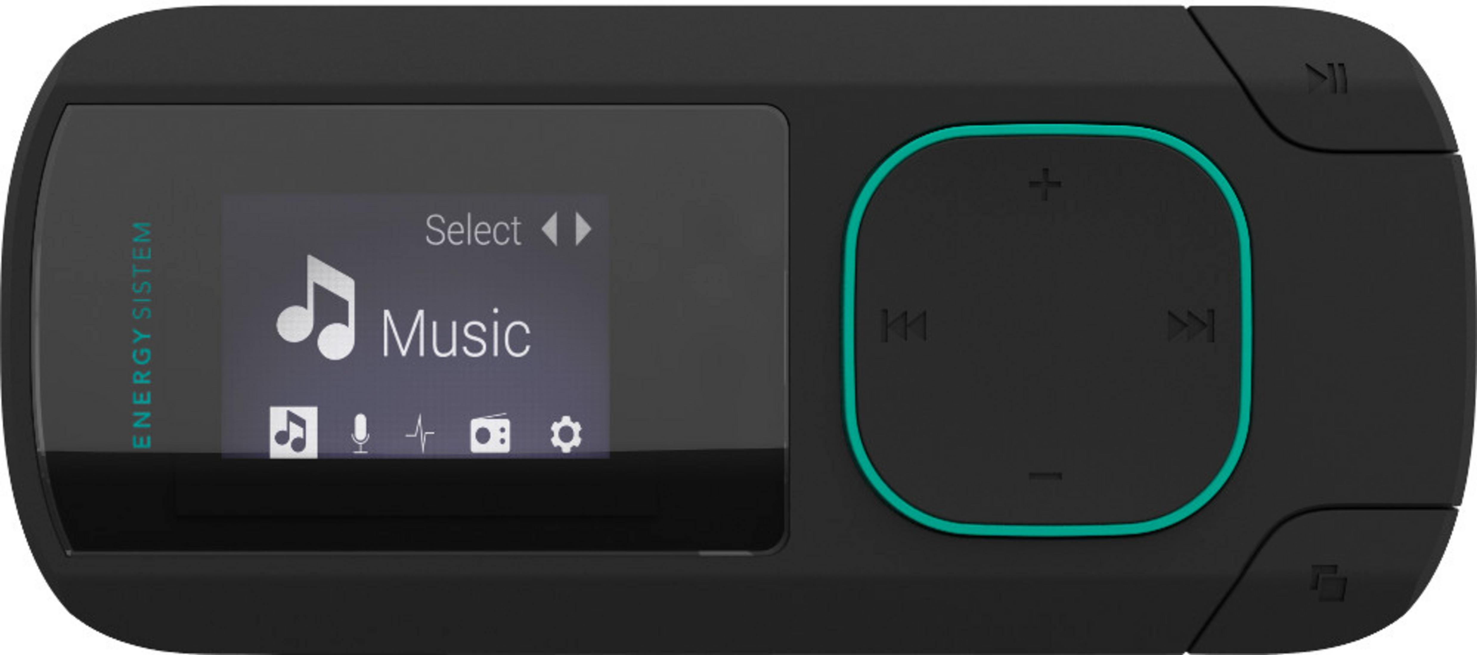 Reproductor de música portátil negro con pantalla que muestra música e iconos.