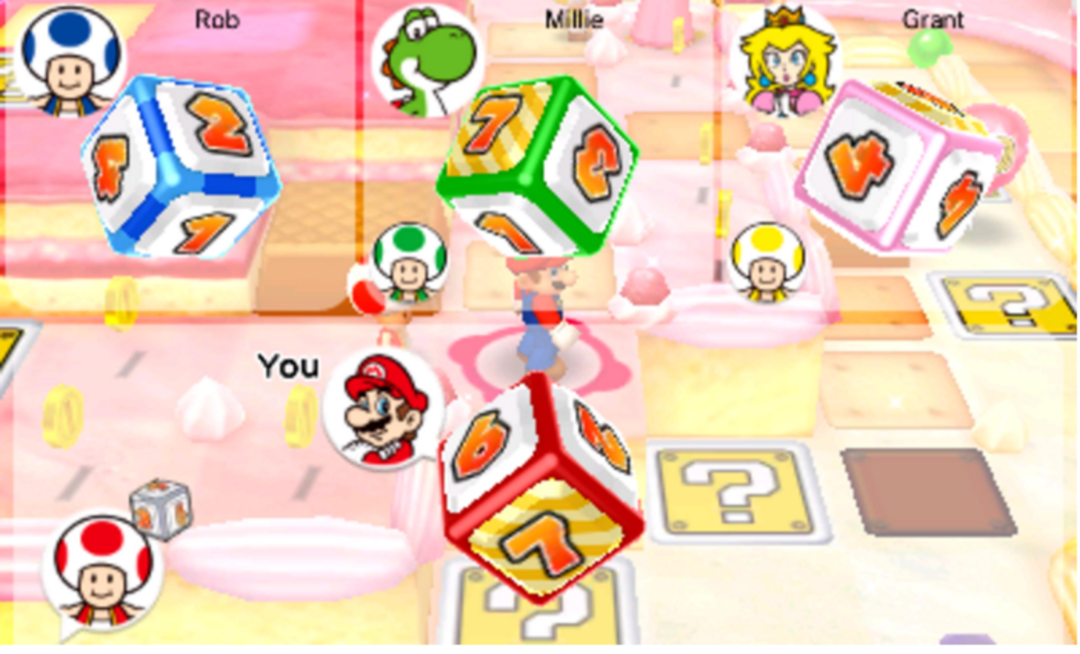 Tabellone di gioco Mario con personaggi, dadi e monete.