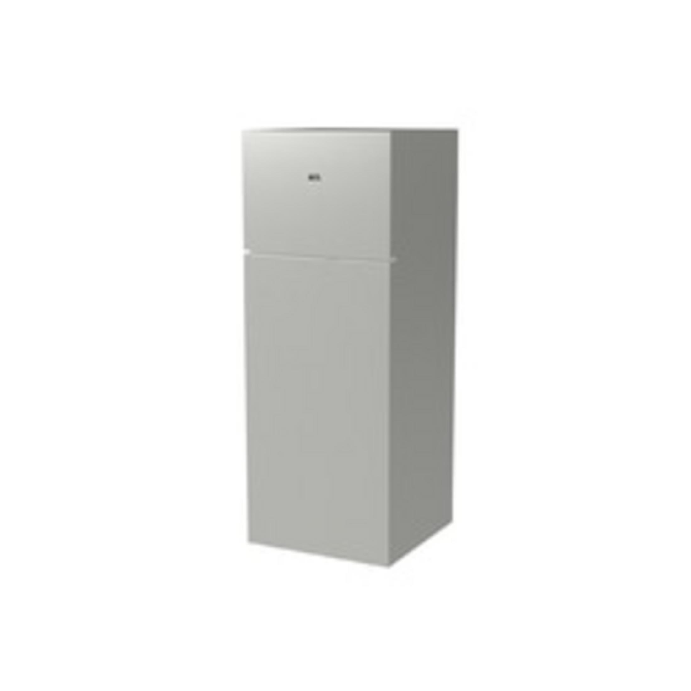 A freestanding, two-door refrigerator in gray.