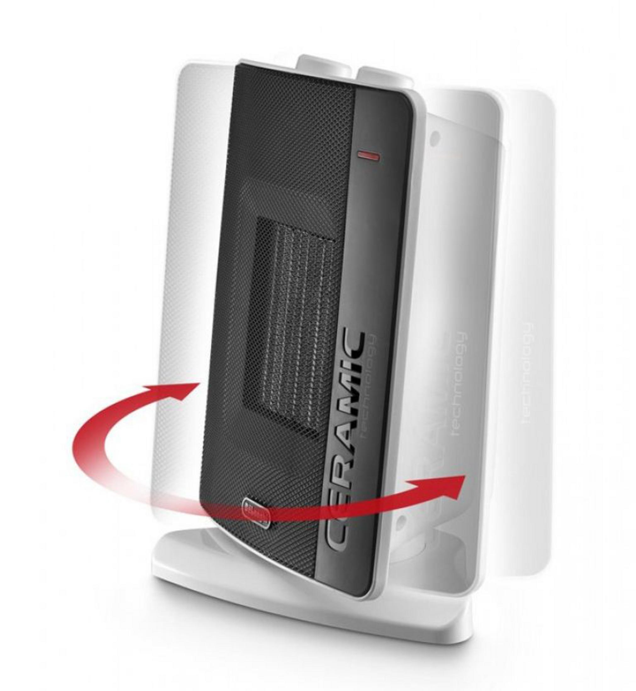 Un termoventilatore ceramico nero con freccia rossa che indica movimento rotatorio.