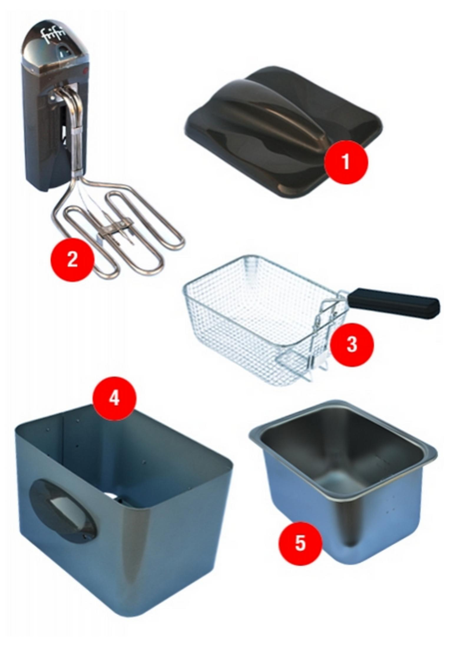 Onderdelen van een frituurpan: deksel, verwarmingselement, mandje, behuizing, metalen bak.