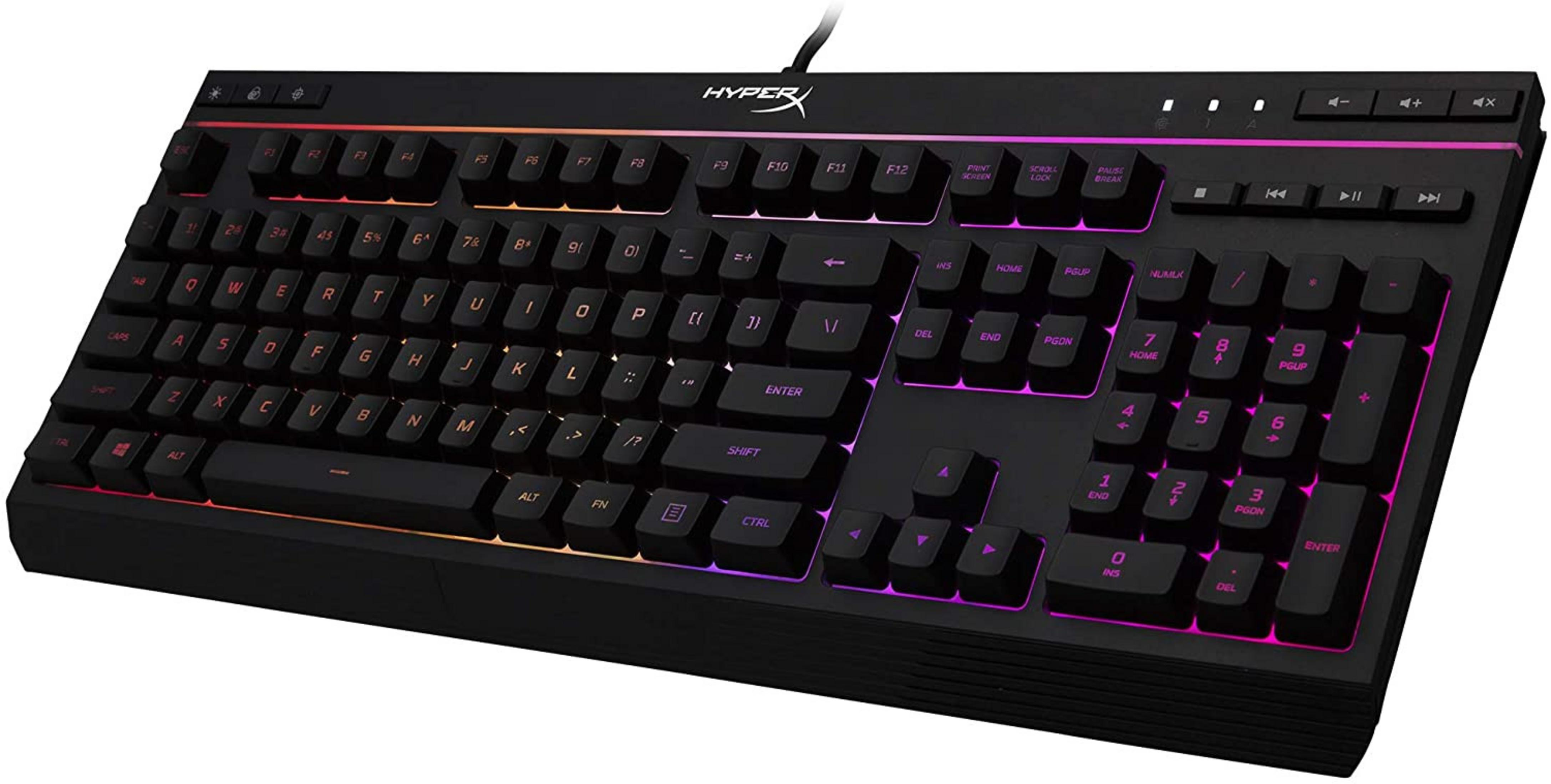 Czarna klawiatura mechaniczna HyperX z żywym podświetleniem RGB w odcieniach różu i pomarańczy.