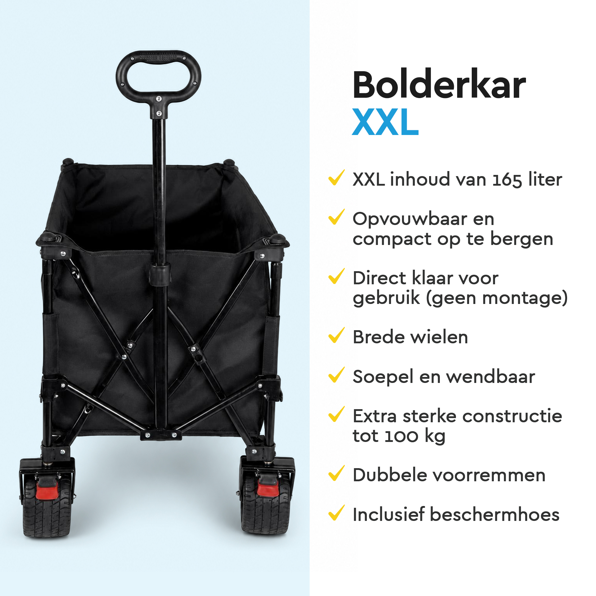 Zwarte XXL bolderkar met handvat en brede wielen. Productkenmerken staan rechts van de bolderkar.