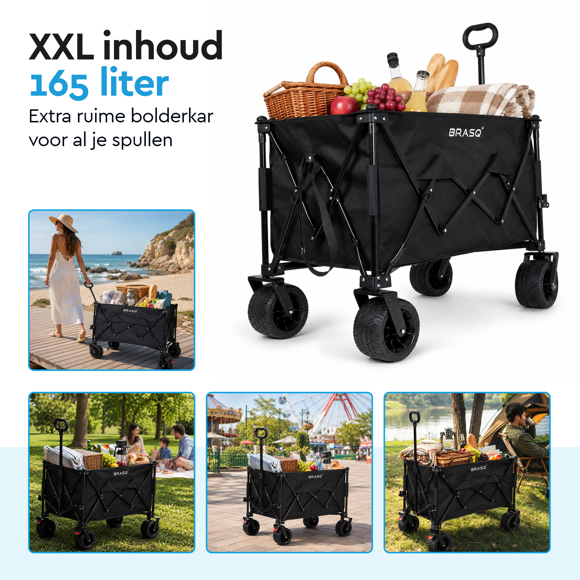Zwarte bolderkar met picknickspullen en mensen op diverse buitenlocaties.