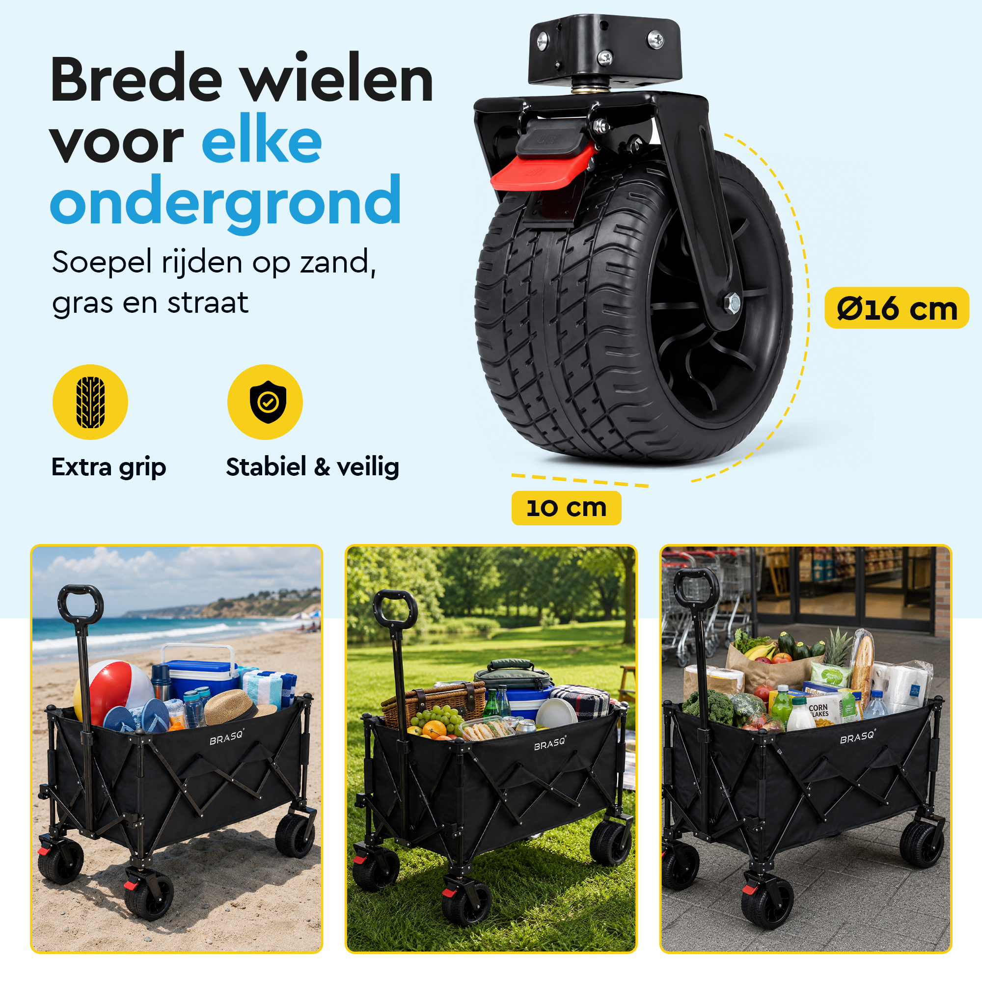 Een zwarte bolderkar met brede wielen, getoond op strand, gras en voor een winkel.