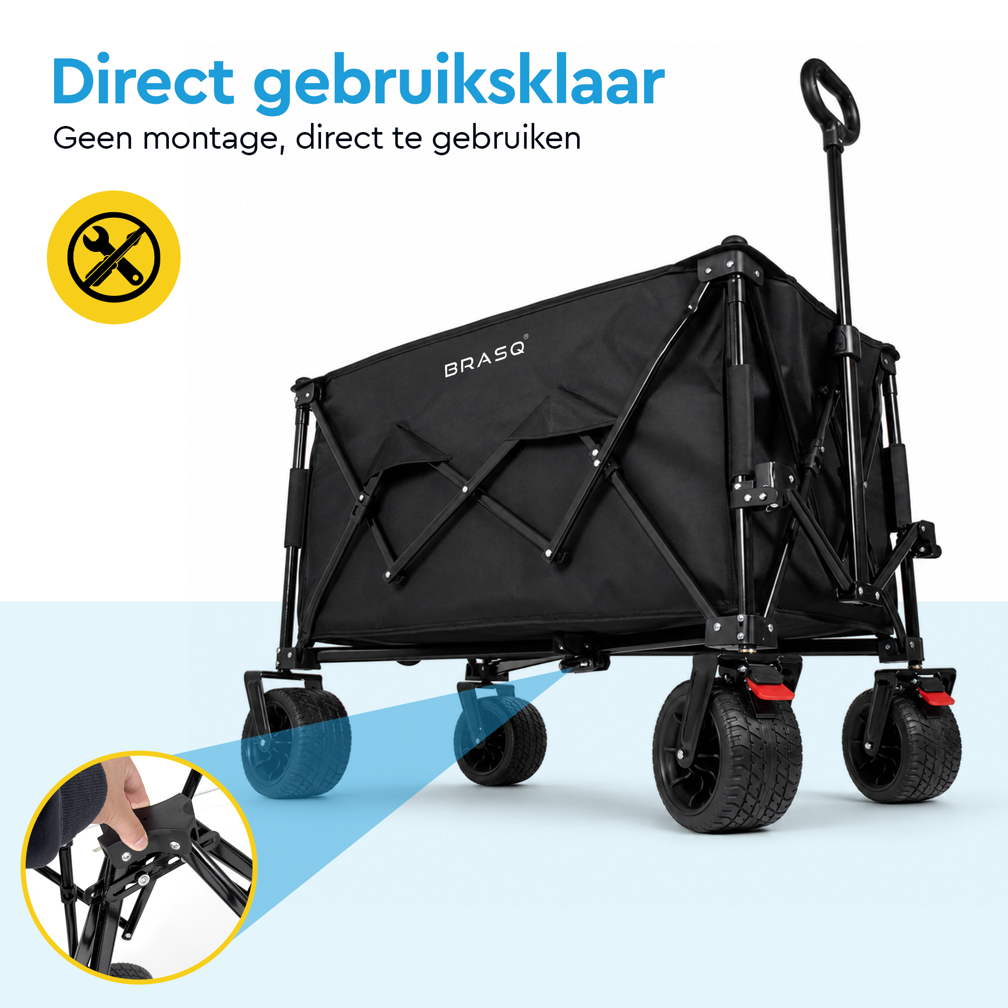 Zwarte bolderkar met handvat en wielen, geen gereedschapsicoon.