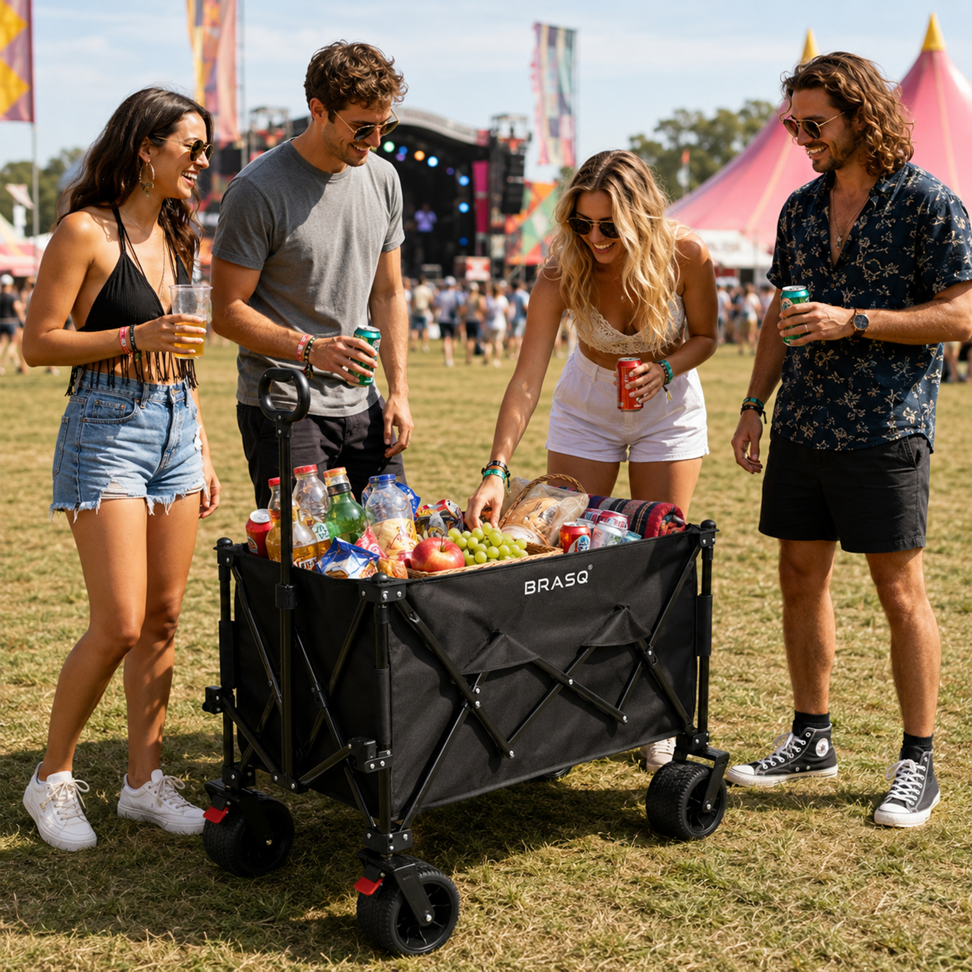 Vier vrienden op een festival met een kar vol drankjes en snacks.