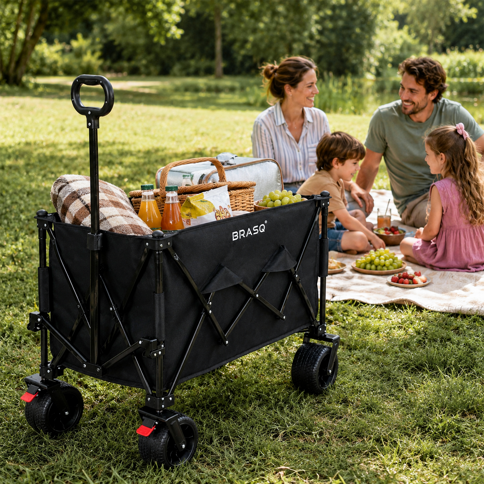 Een zwarte bolderkar met picknickspullen staat op het gras voor een familie.
