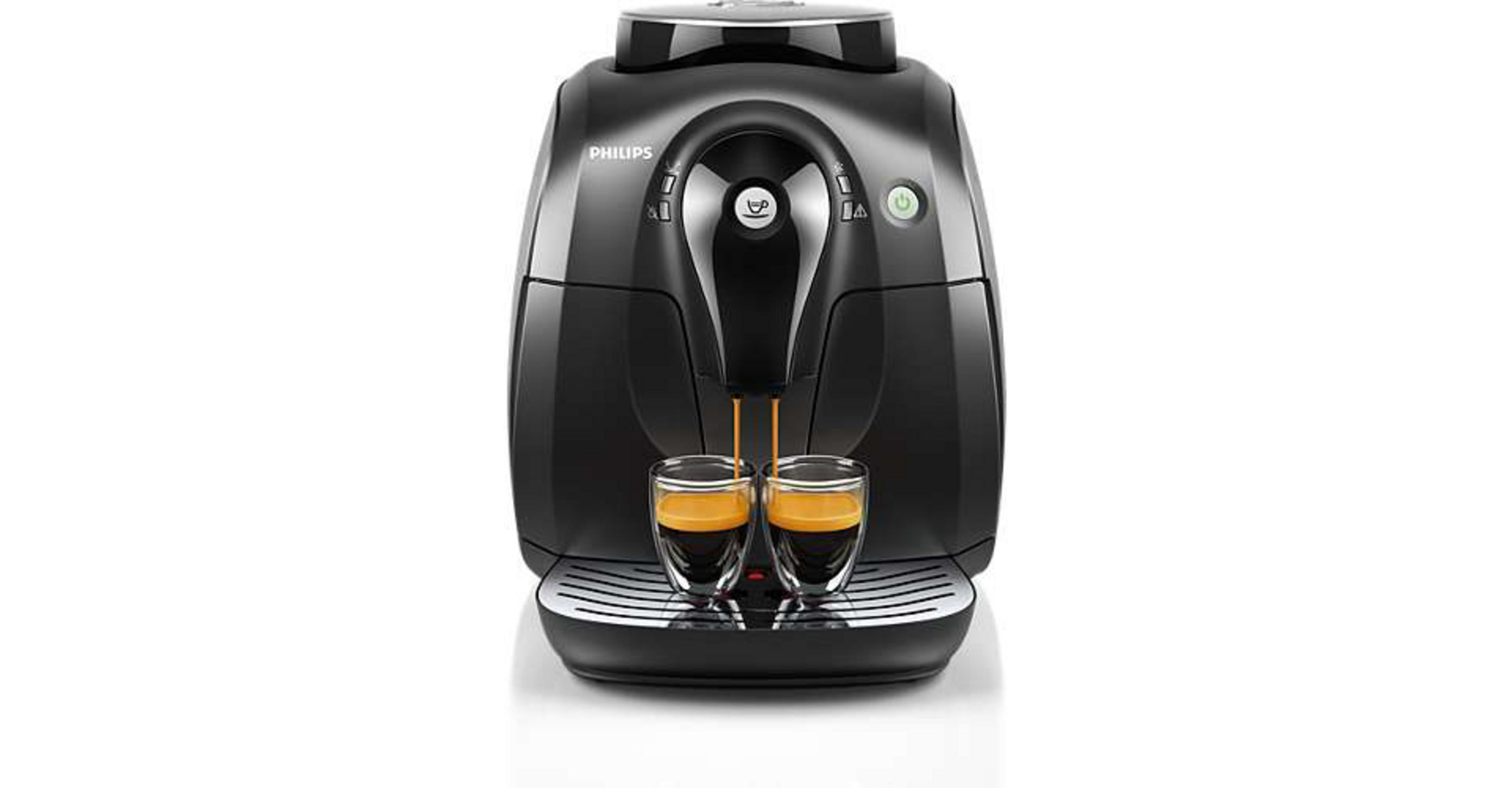 Una macchina da caffè Philips nera prepara due espresso in bicchierini.