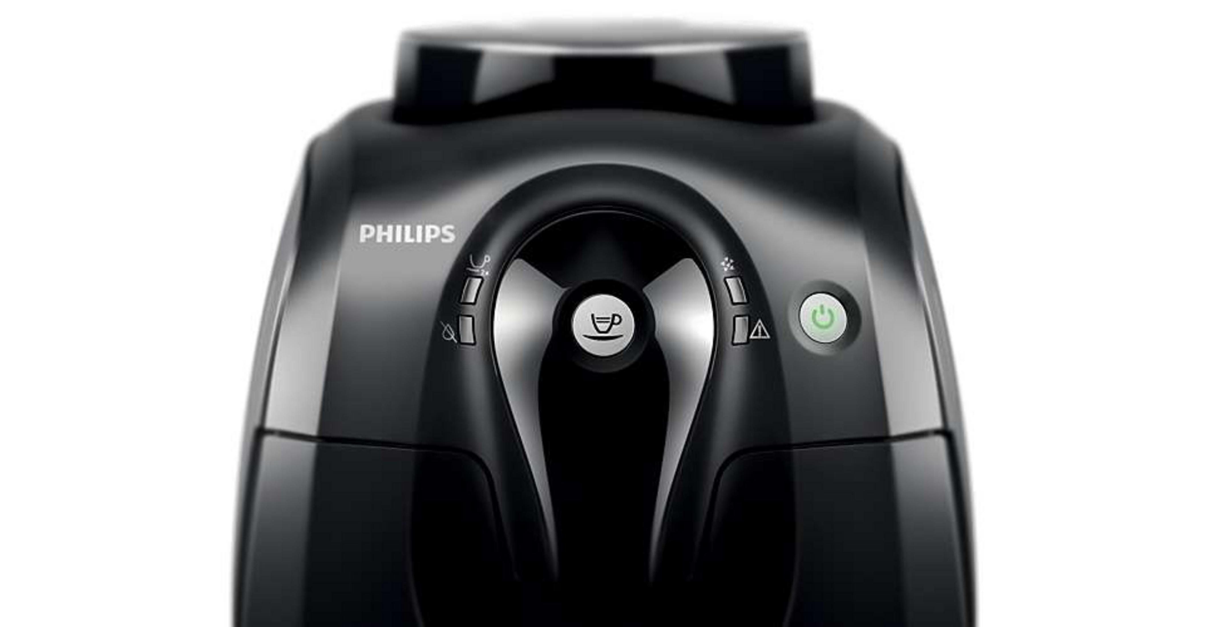 Macchina da caffè Philips nera con pulsanti per caffè e accensione/spegnimento.