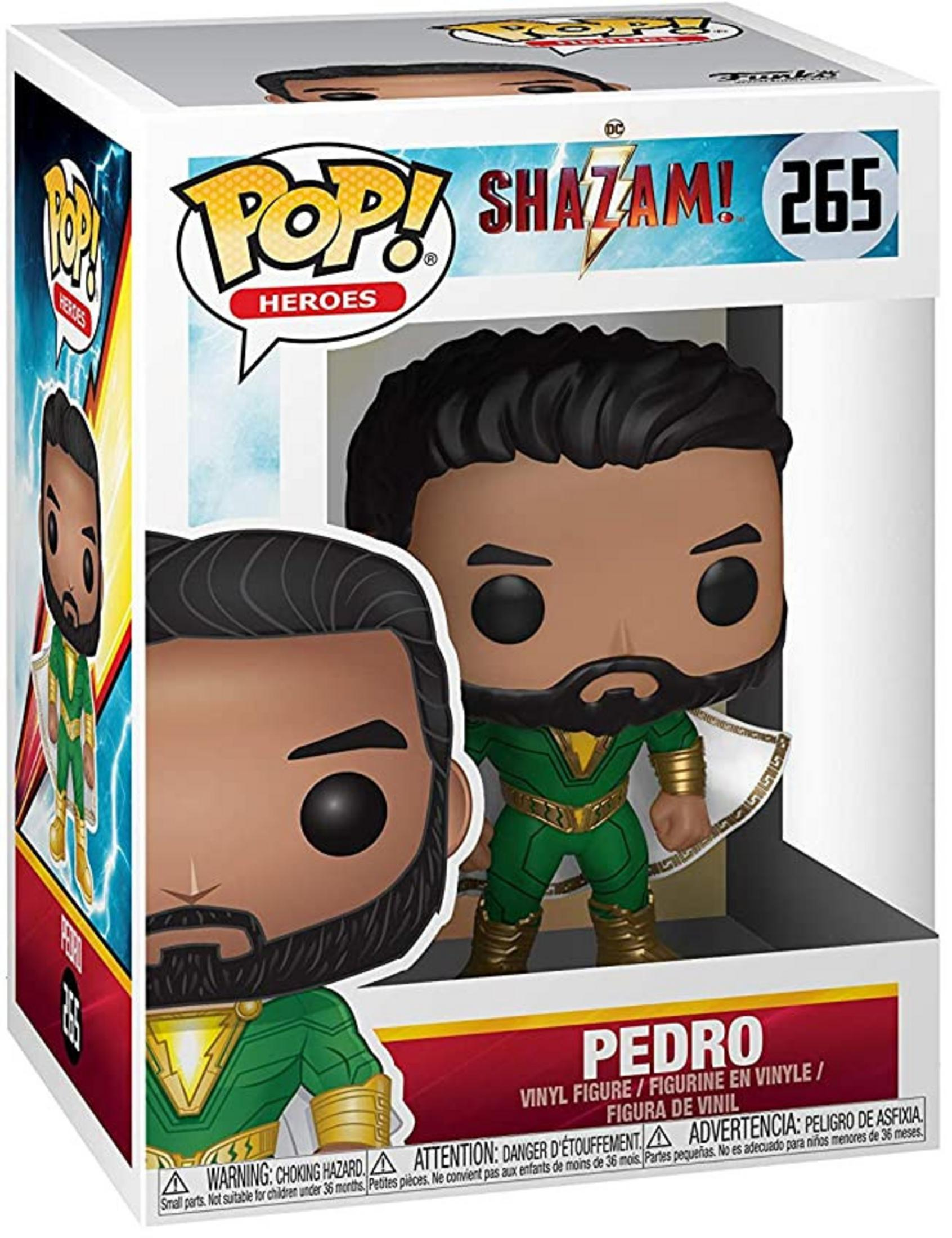 Funko Pop! Figur von Pedro aus Shazam in grüner Kleidung im Karton.
