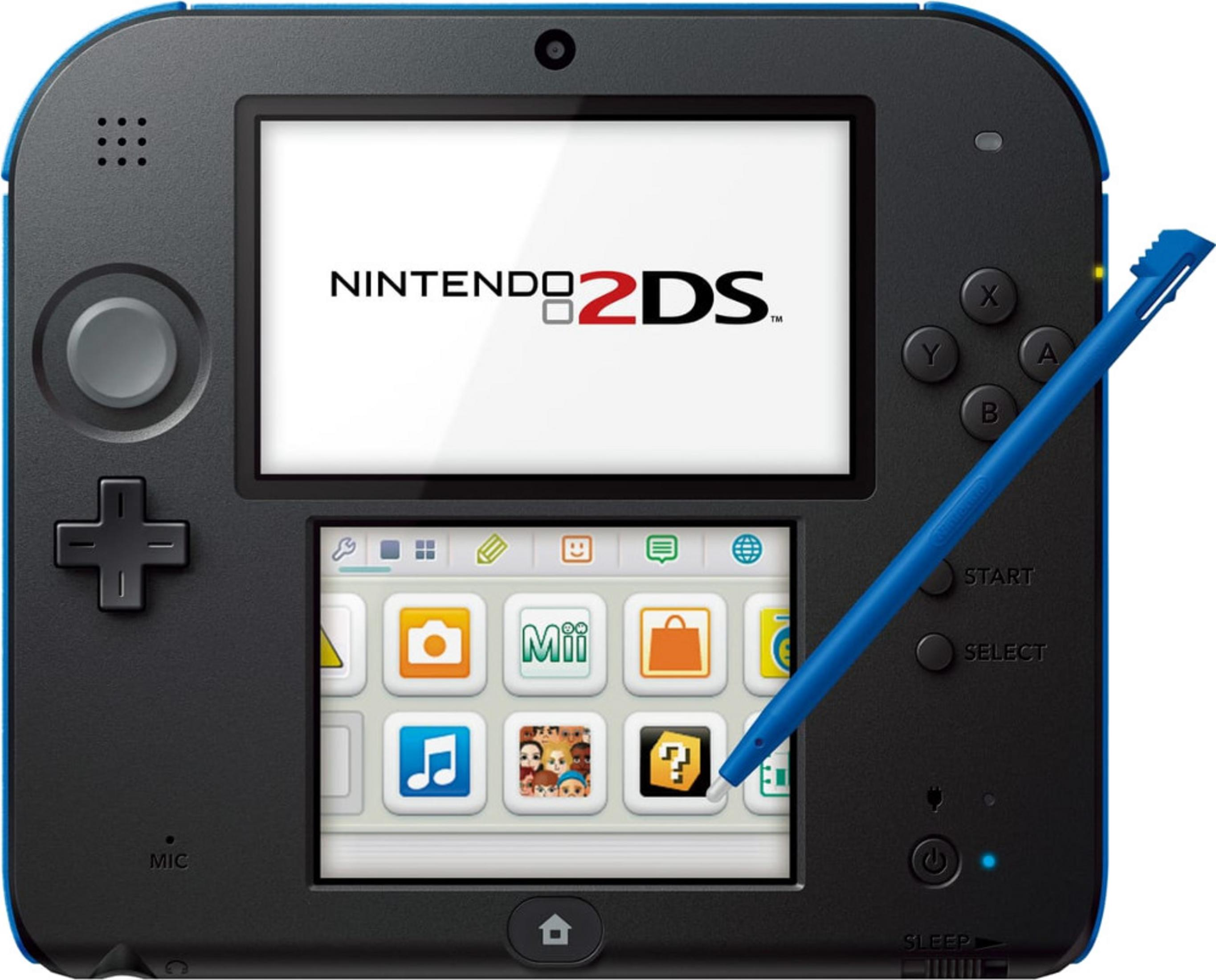 Un Nintendo 2DS nero con uno stilo blu appoggiato sullo schermo inferiore.