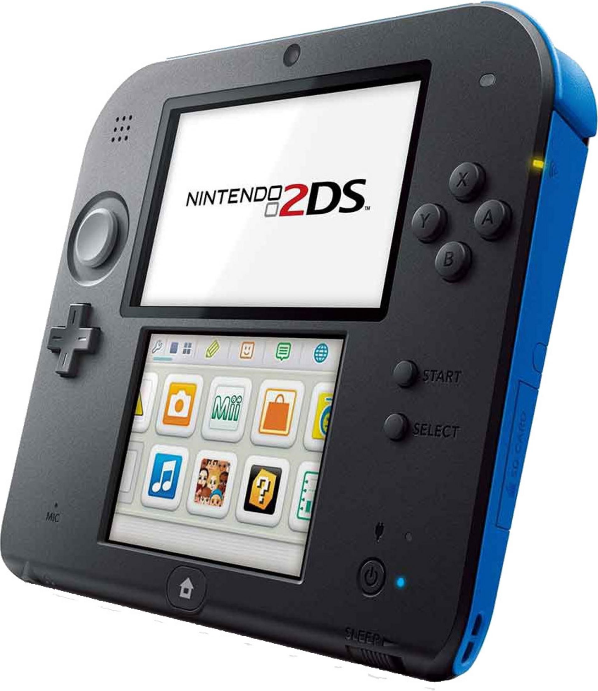 Una Nintendo 2DS nera con accenti blu, accesa, vista frontalmente.