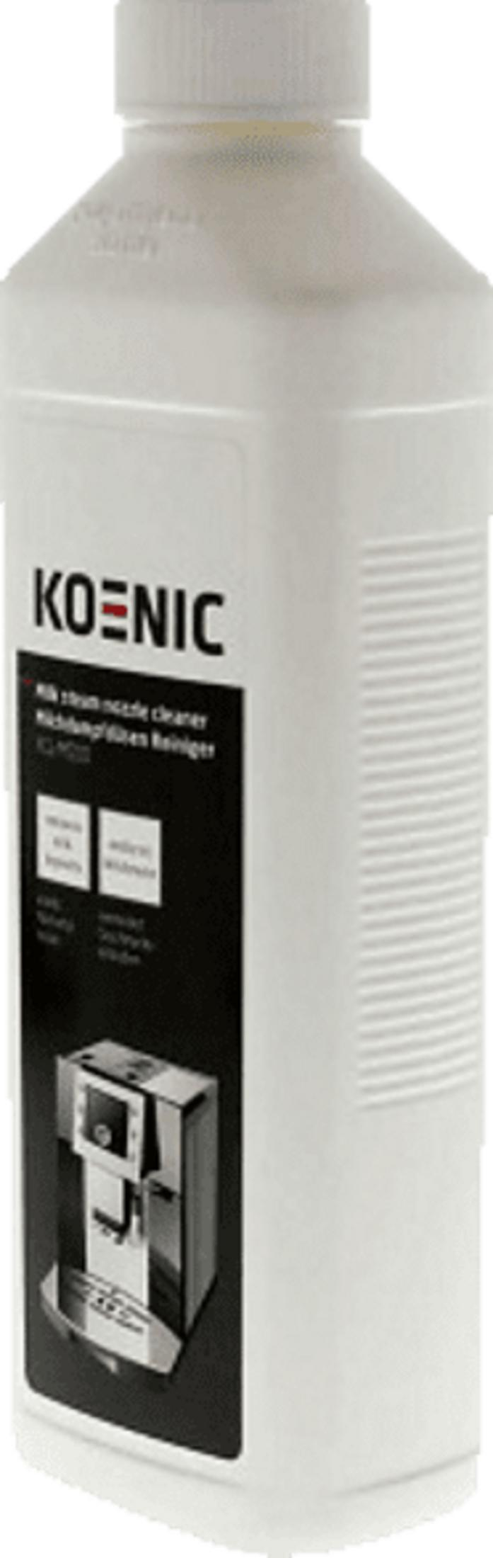 Weiße Flasche mit Reinigungsmittel für Kaffeemaschinen, Marke KOENIC.