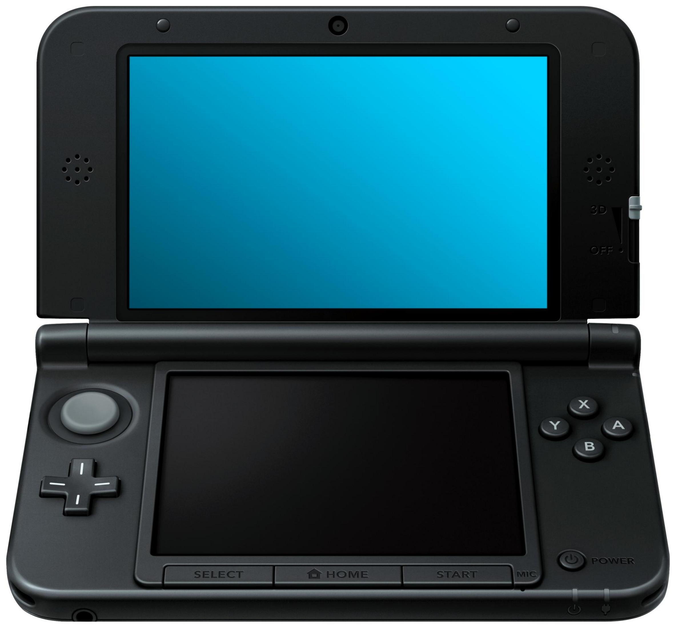Ein schwarzes Nintendo 3DS-Handheld mit blauem oberen Bildschirm und schwarzem unteren Touchscreen.