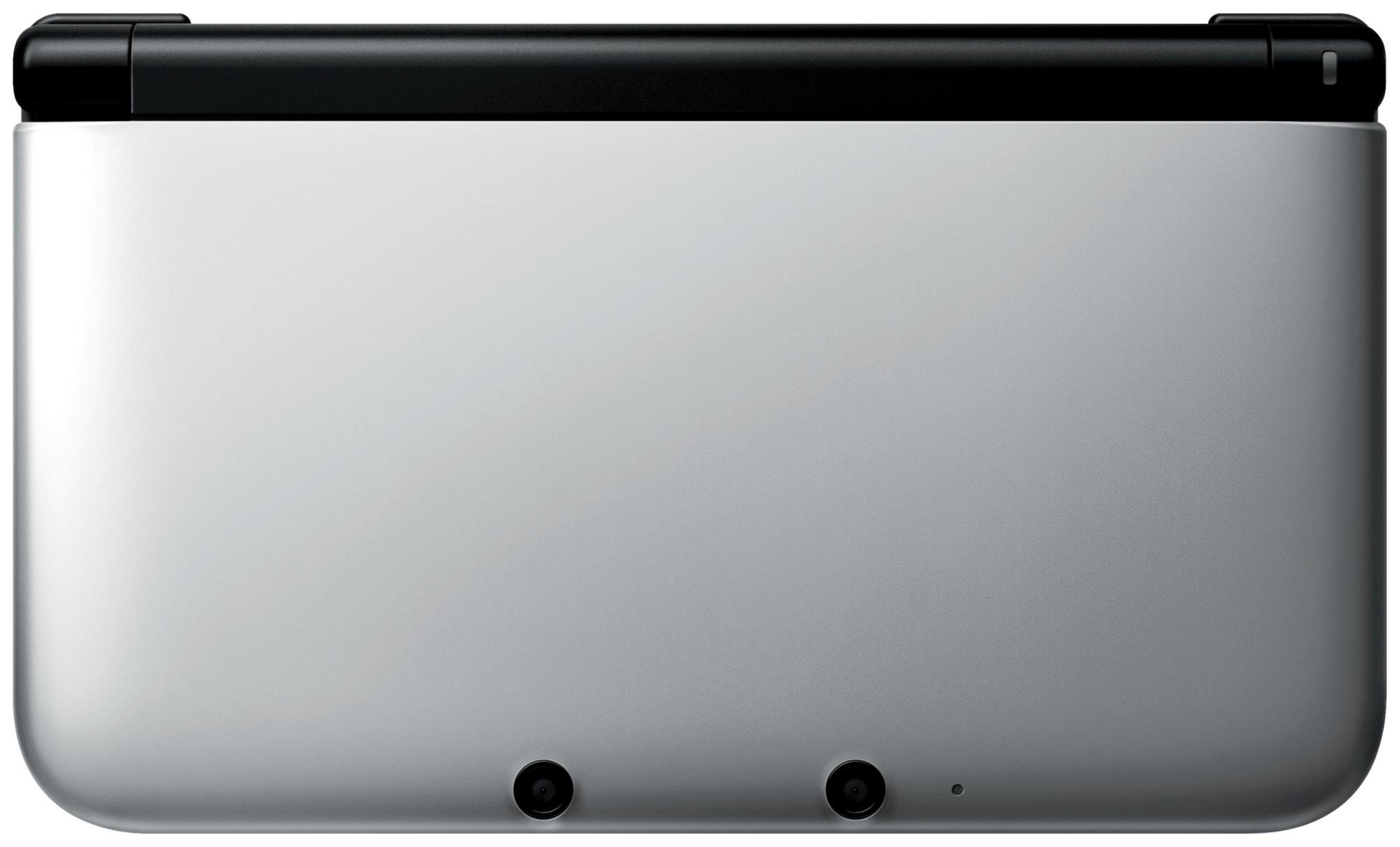 Silbernes Nintendo 3DS XL mit schwarzem oberen Rand und zwei Kameras unten.