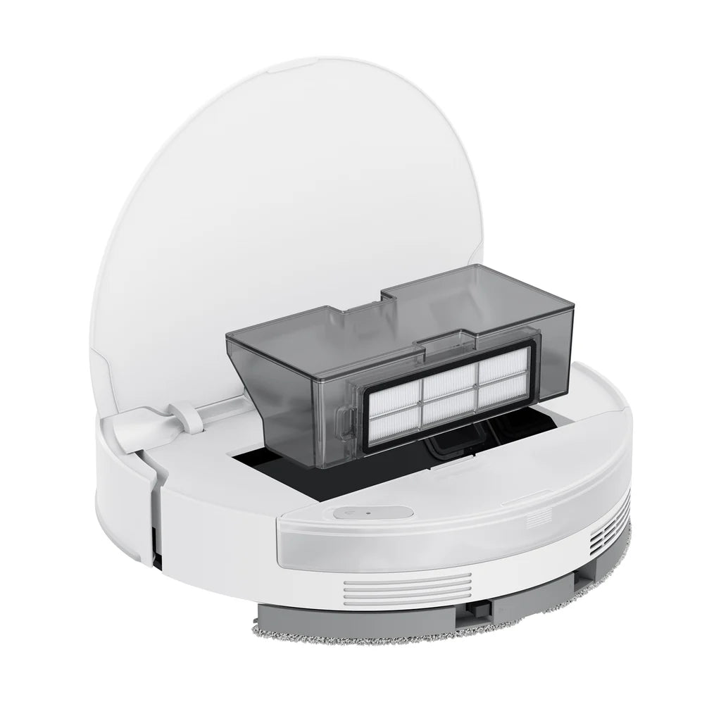 Un robot aspirador blanco con la tapa abierta, mostrando un depósito de polvo extraíble con filtro.