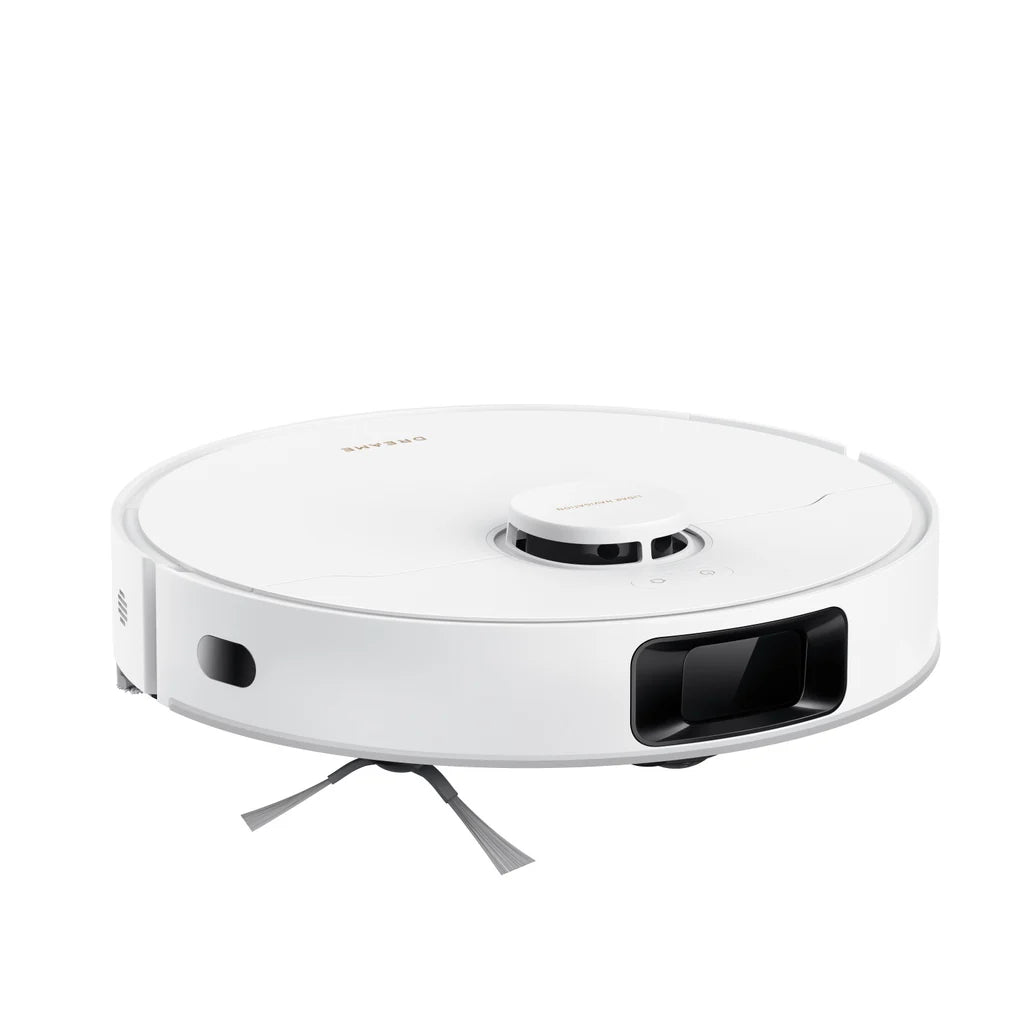 Un robot aspirador blanco con cepillos y un módulo de navegación.