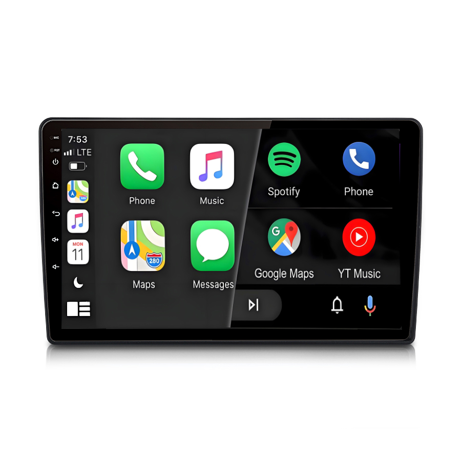Ein Auto-Infotainment-Bildschirm mit App-Icons: Telefon, Musik, Spotify, Karten, Nachrichten, Google Maps.