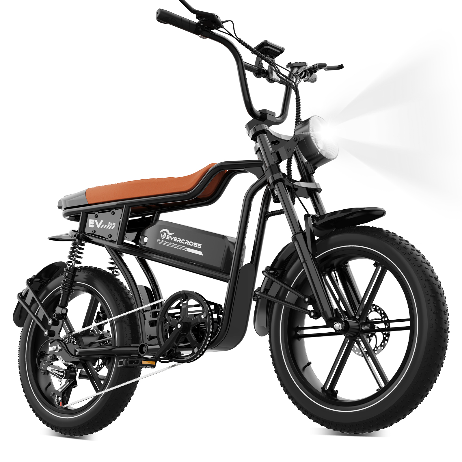 Bicicleta eléctrica negra con asiento marrón, faro encendido y neumáticos anchos.