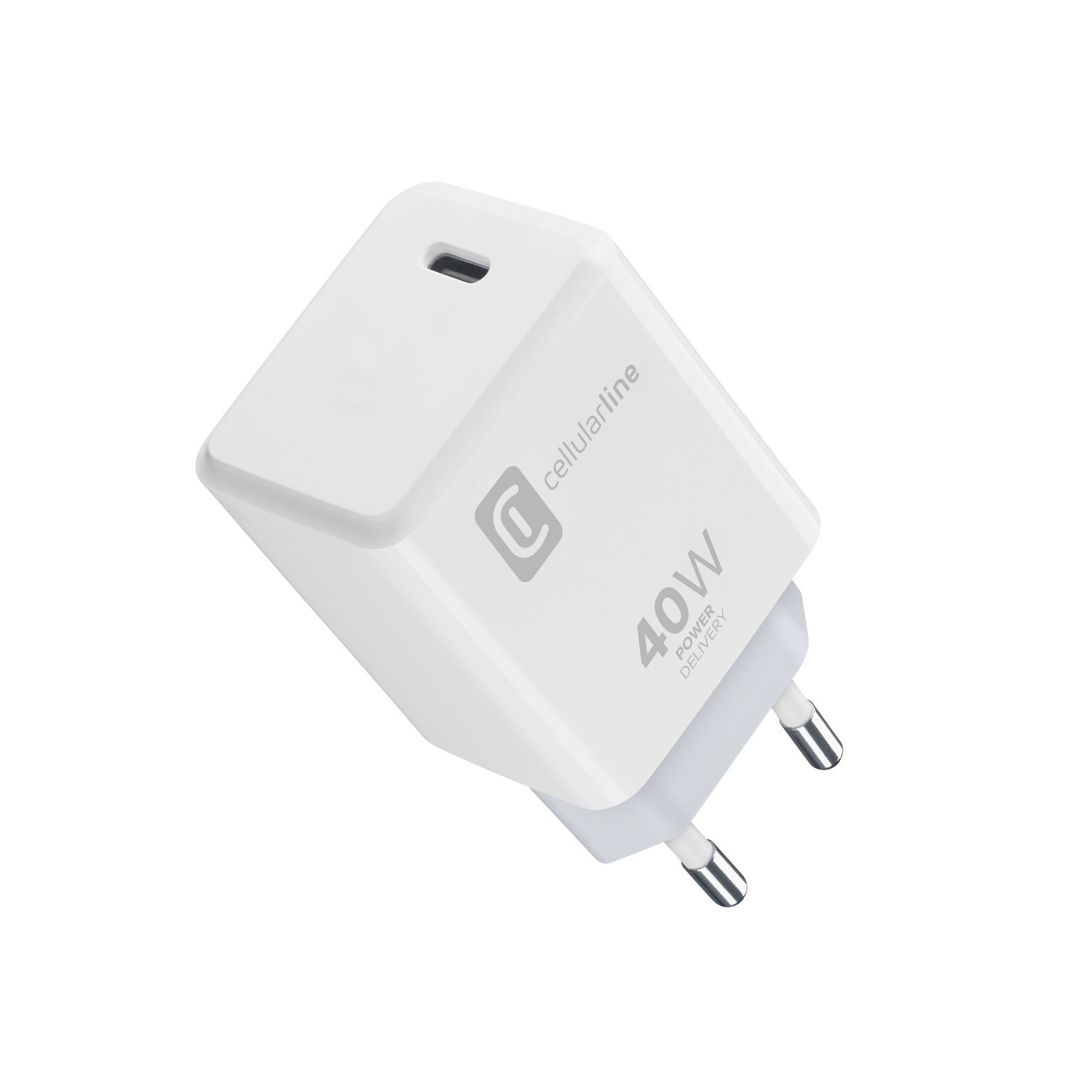 Ein weißer 40W USB-C-Ladestecker mit Cellularline-Logo und zwei Metallstiften.