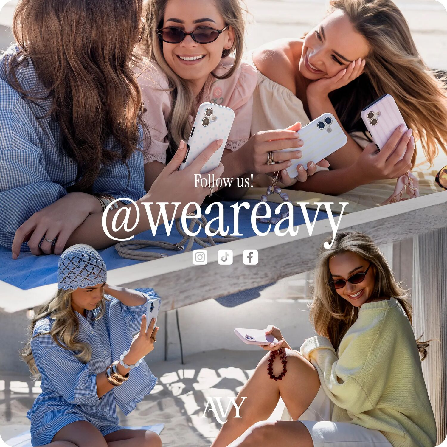 Vier vrouwen met telefoons op een strand, sommigen glimlachen en houden telefoons vast. Tekst: @weearavy.