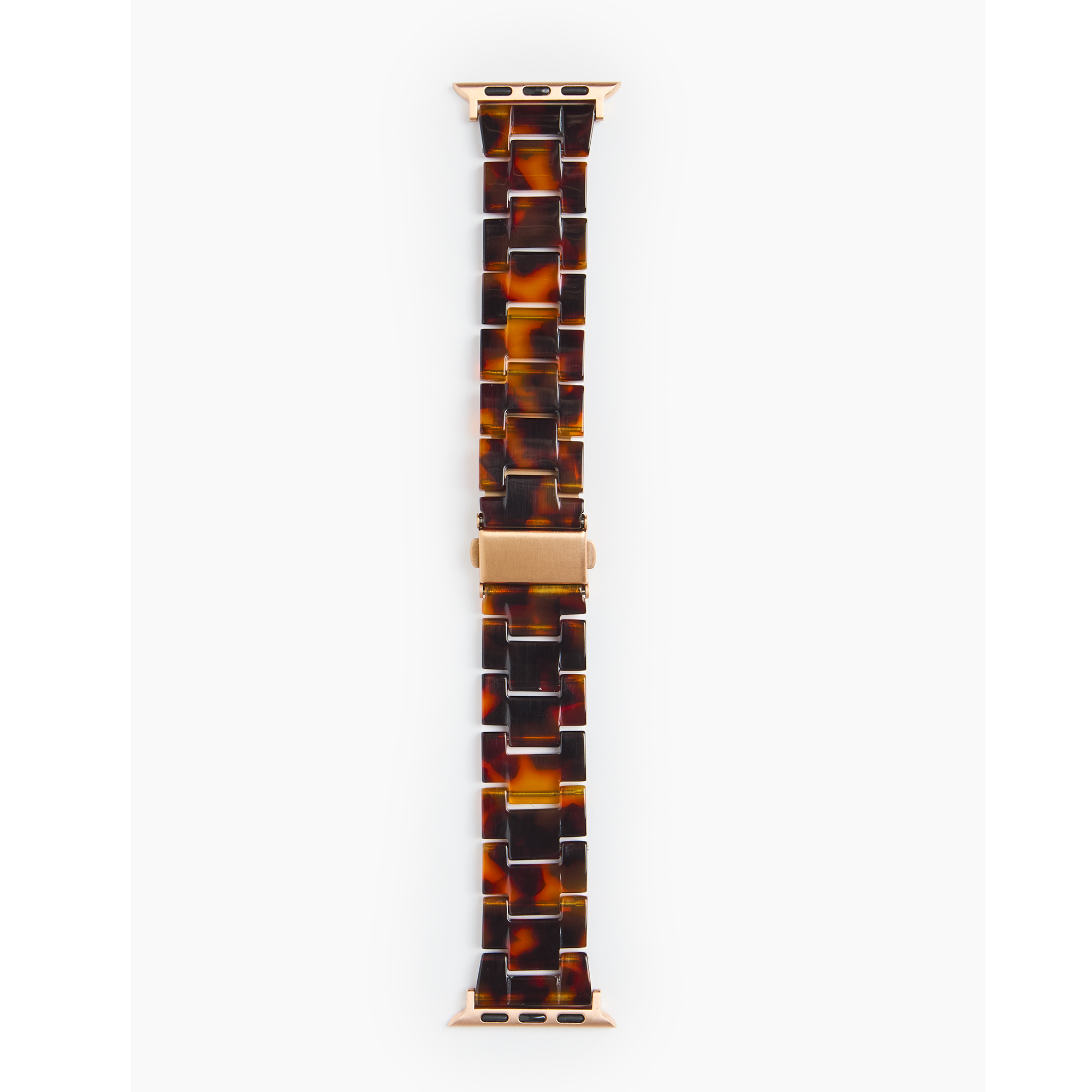 Eine braun-goldene Schildpatt-Armbanduhr mit roséfarbenen Verbindungen.