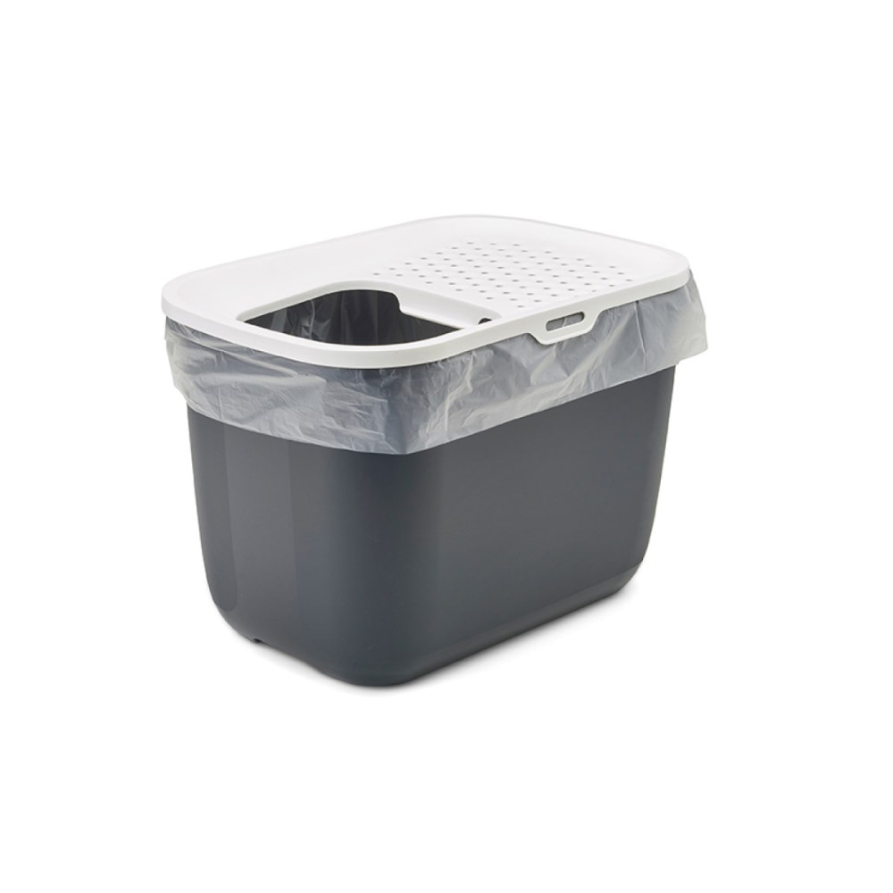 Una lettiera grigia con coperchio bianco e rivestimento in plastica.