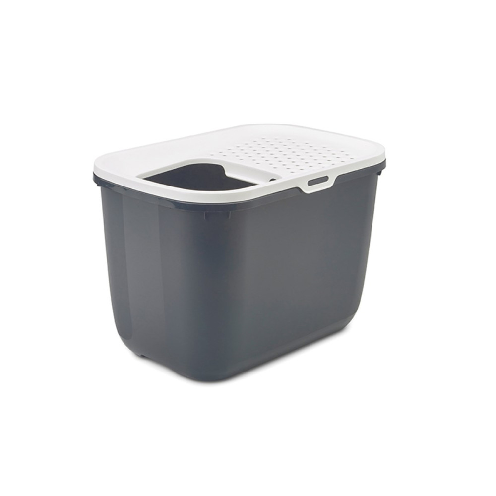 Lettiera grigia con coperchio bianco e foro d'ingresso.