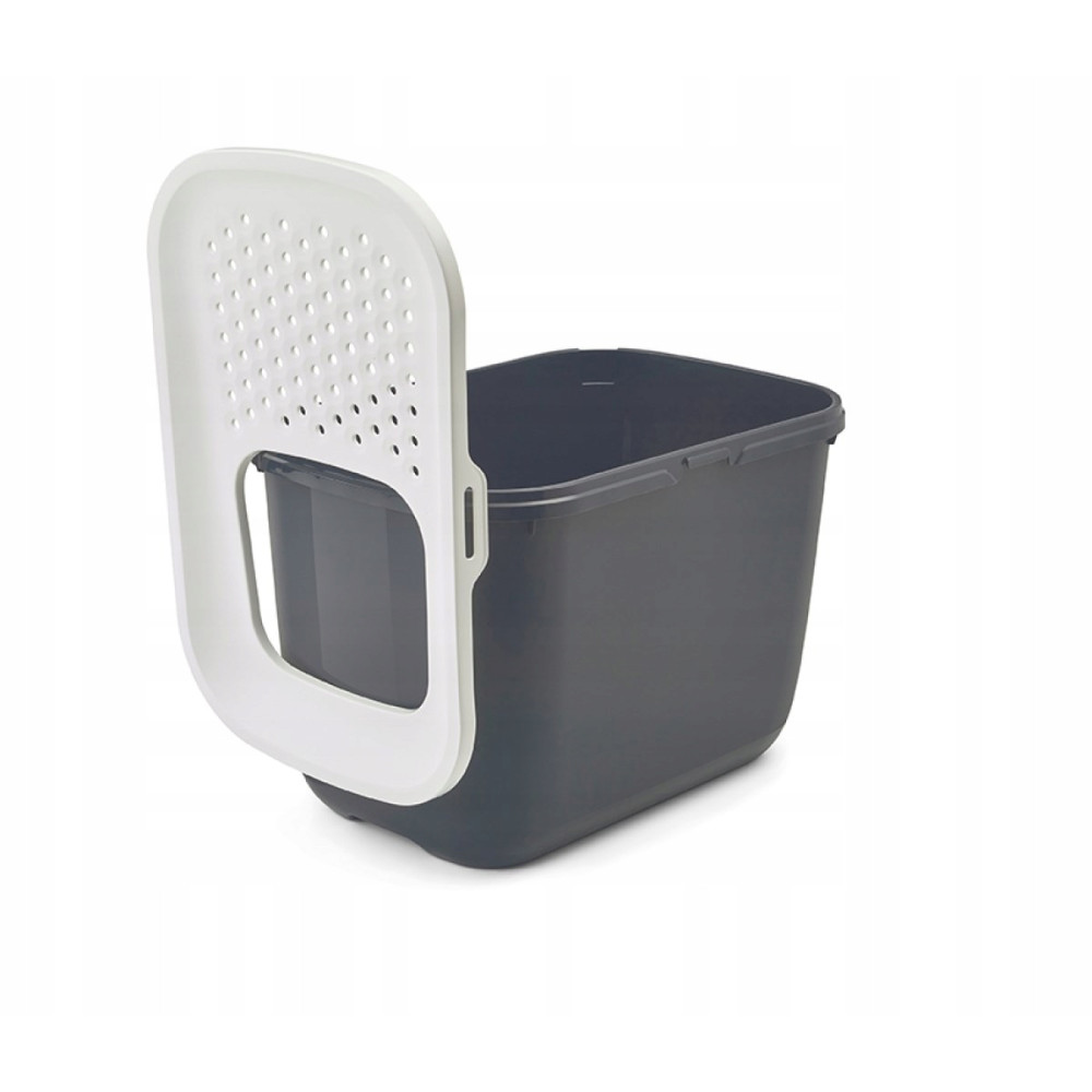 Lettiera grigio scuro con coperchio bianco forato e ingresso.