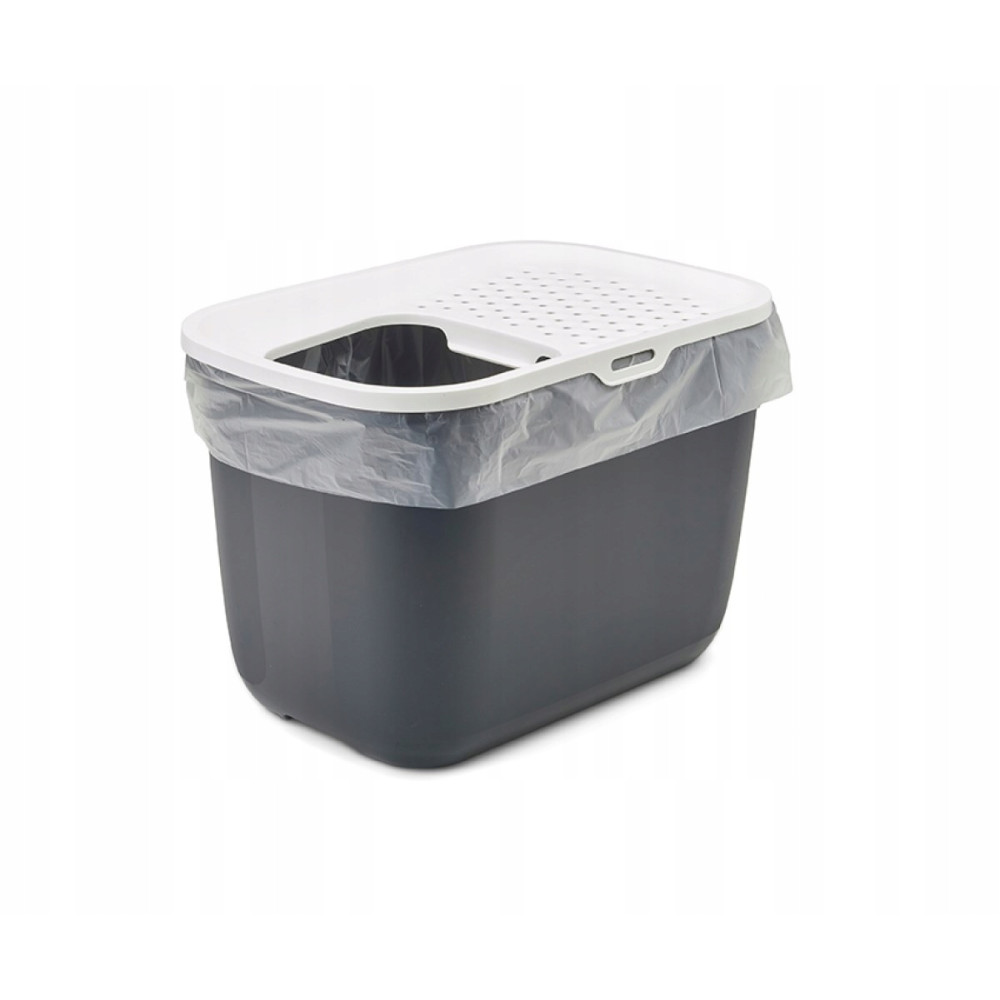 Lettiera grigia con coperchio bianco perforato e rivestimento in plastica trasparente.