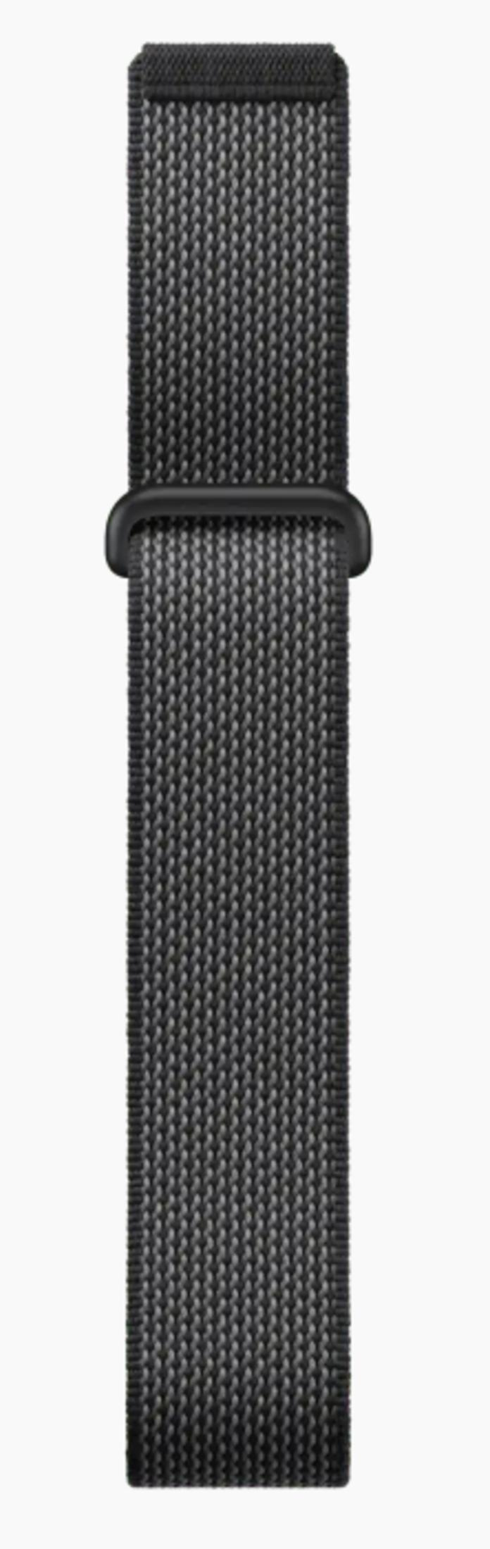 Ein schwarzes Gewebeband mit einem schwarzen Schlaufendekor, das für ein Uhrenarmband gedacht ist.