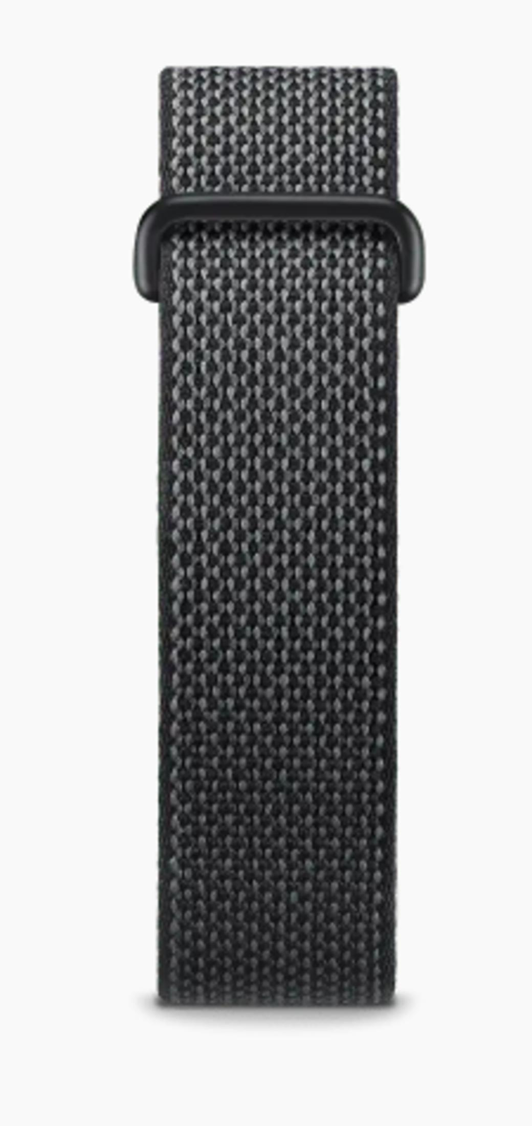Ein schwarzes Textilarmband mit einem grauen Karomuster und einer schwarzen Schnalle.