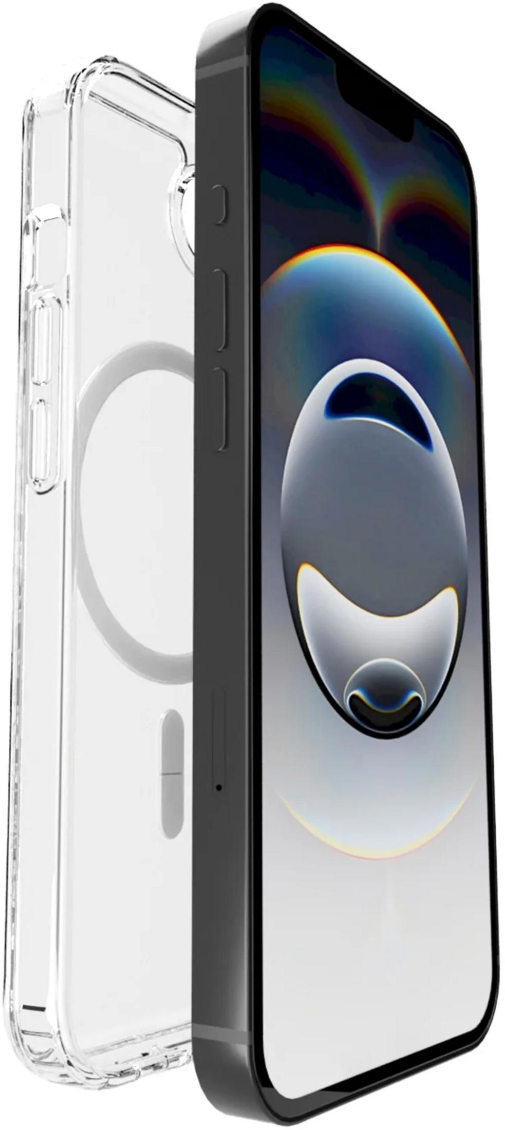 Ein transparenter Handyhülle neben einem Smartphone mit einem Regenbogen-Hintergrundbild.