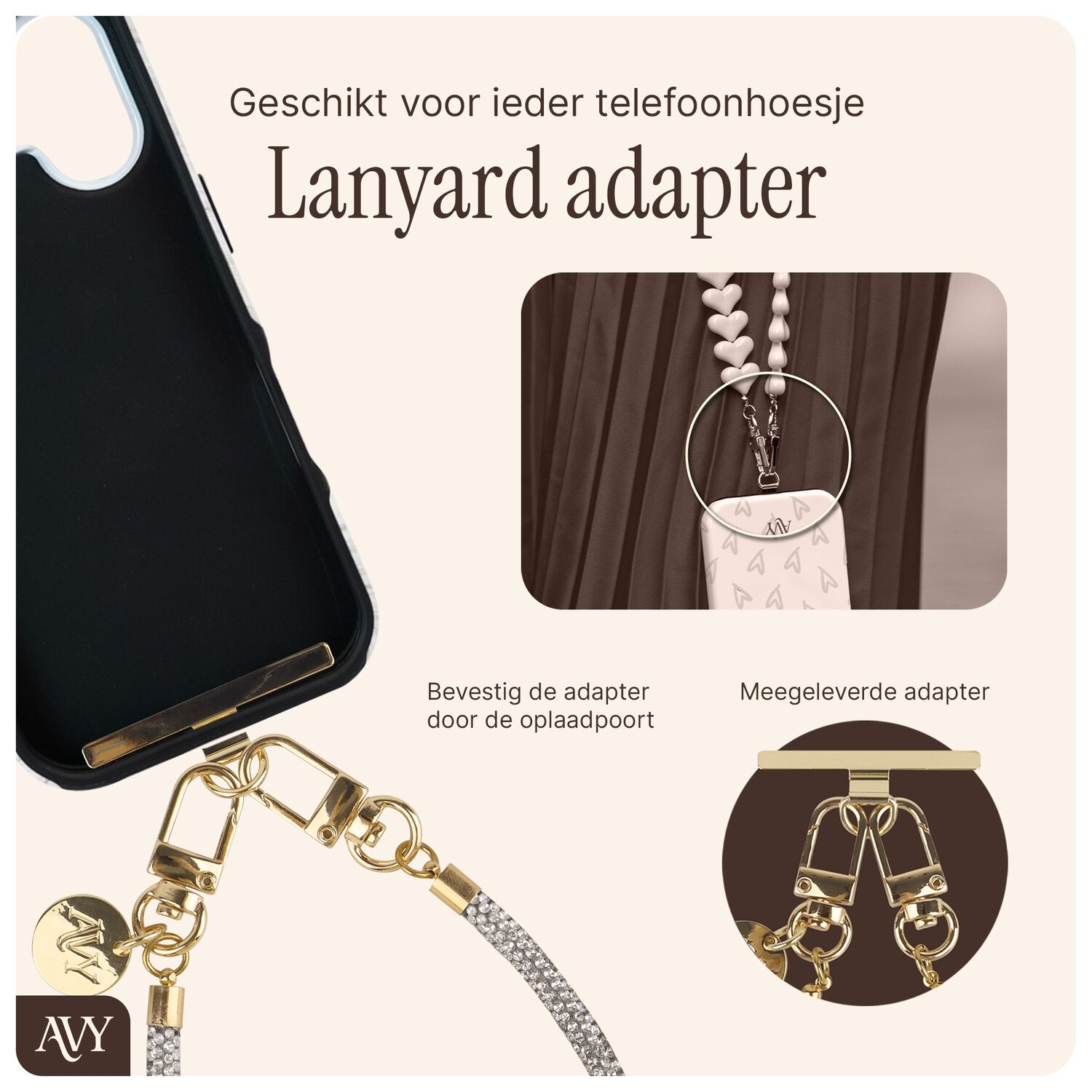 Zwarte telefoonhoes met gouden lanyard-adapter versierd met kristallen.