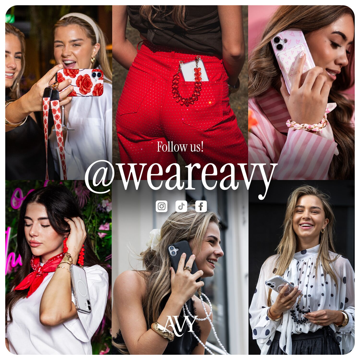 Collage van zes vrouwen die iPhone-hoesjes en accessoires tonen.