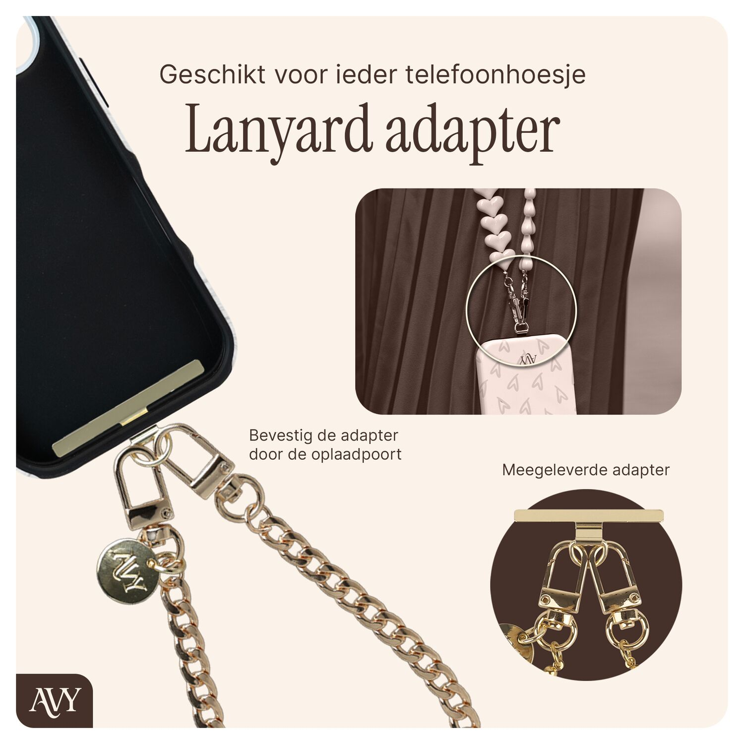 Lanyard adapter voor telefoonhoesjes, te bevestigen via laadpoort.
