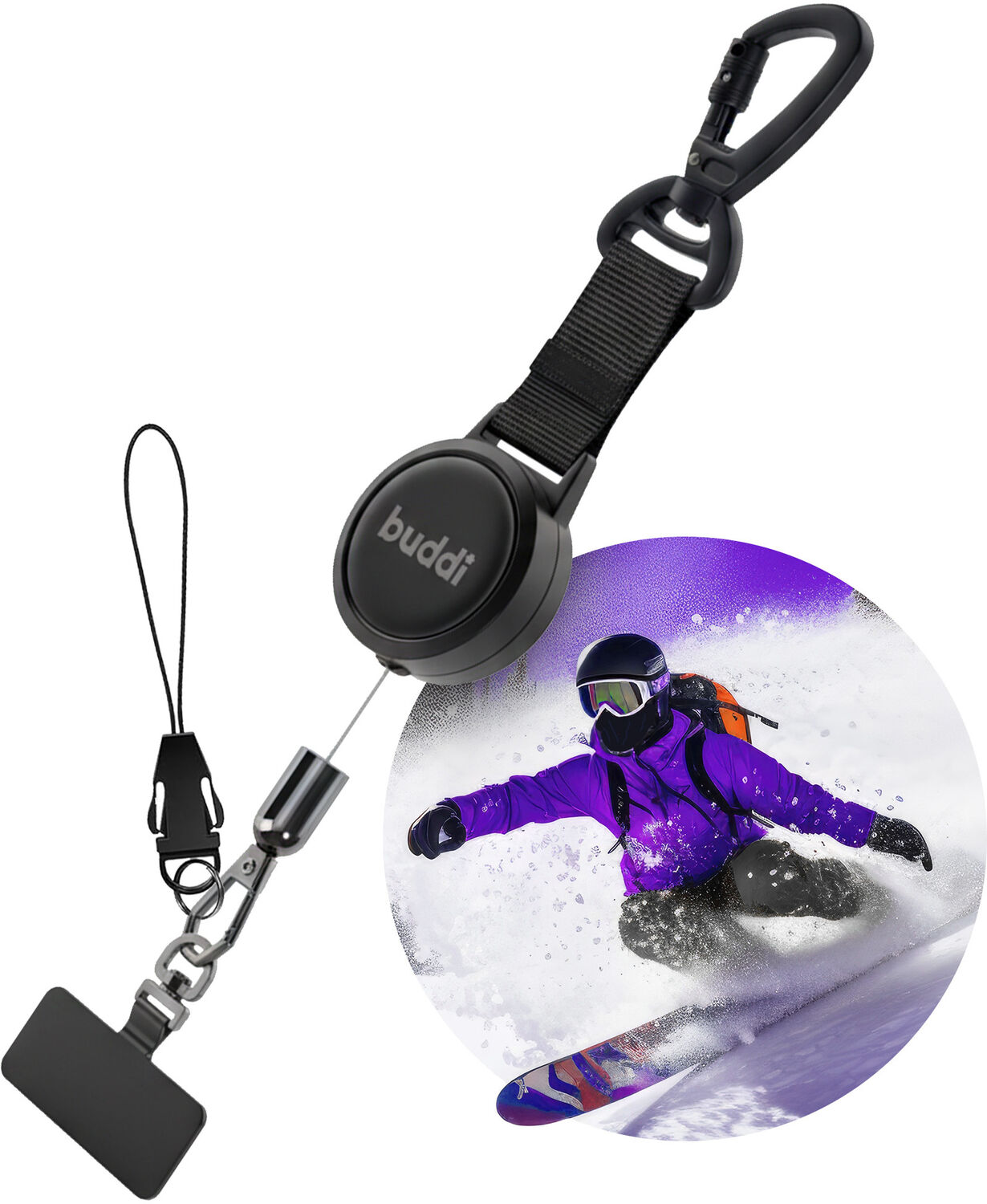 Zwarte Buddi intrekbare lanyard met karabijnhaak en telefoonhouder, naast snowboarder.