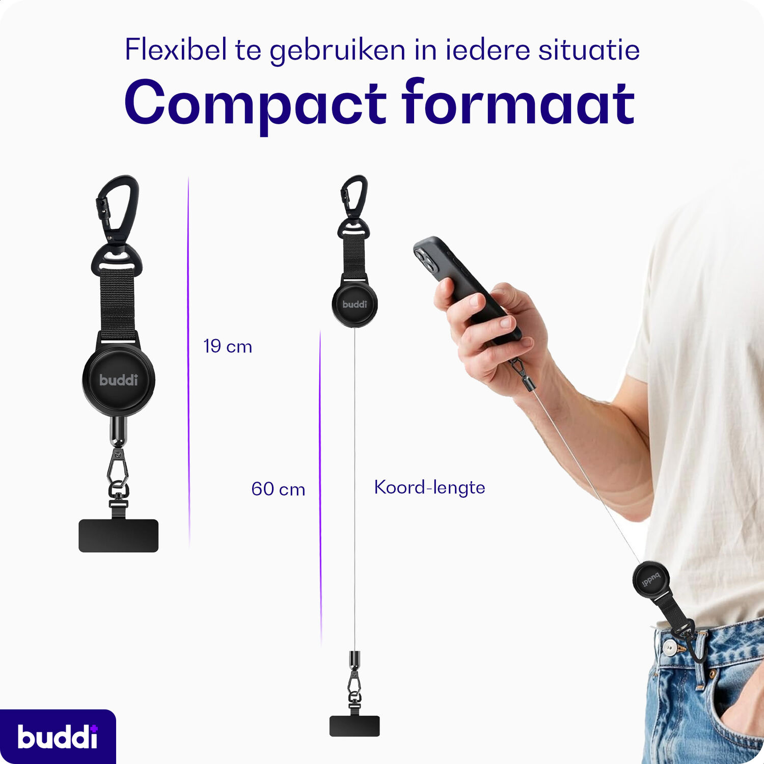 Een man houdt een telefoon vast met een zwarte Buddhi-nekkoord aan zijn broek.